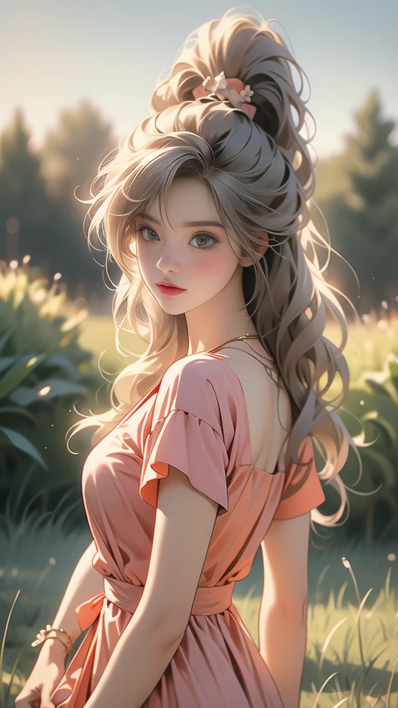 (best quality, 8k: 1.2), super detailed, realistic : 25 ans, fille sur la pelouse, nature, messy hair, cheveux courts, sky light and shadow images net bag