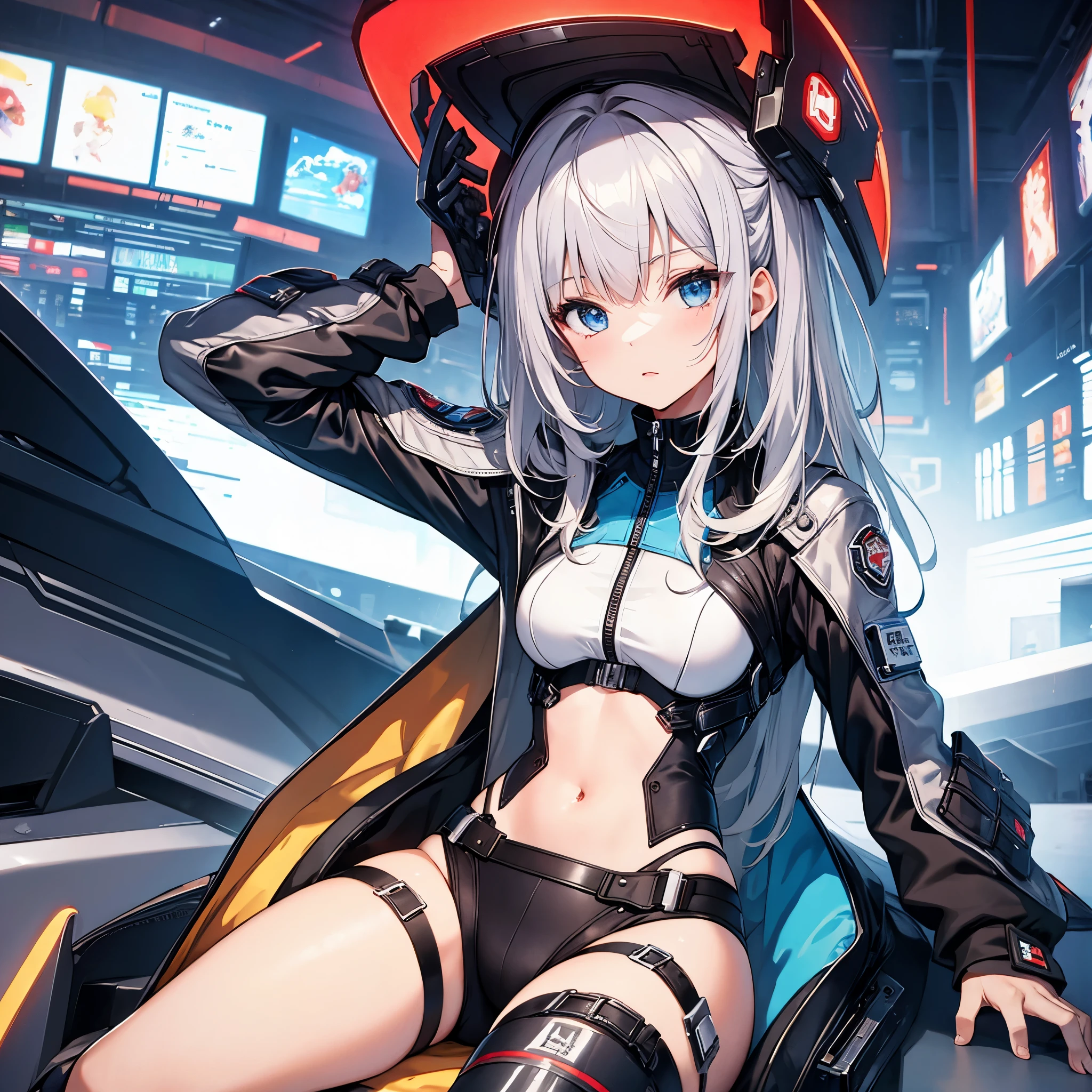 ((masterpiece)), highest quality, (8k, highest quality, masterpiece: 1.2), super detailed, pilot suit、silver hair、blue eyes、cyber punk、skyscraper room background