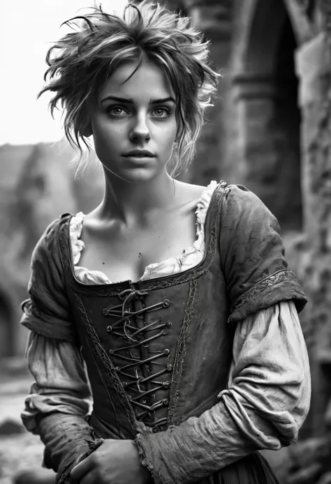 Photorealistic, cute woman with messy hair and poor tattered clothes, cute sexy, (detailed medieval background), ultra sharp foc...