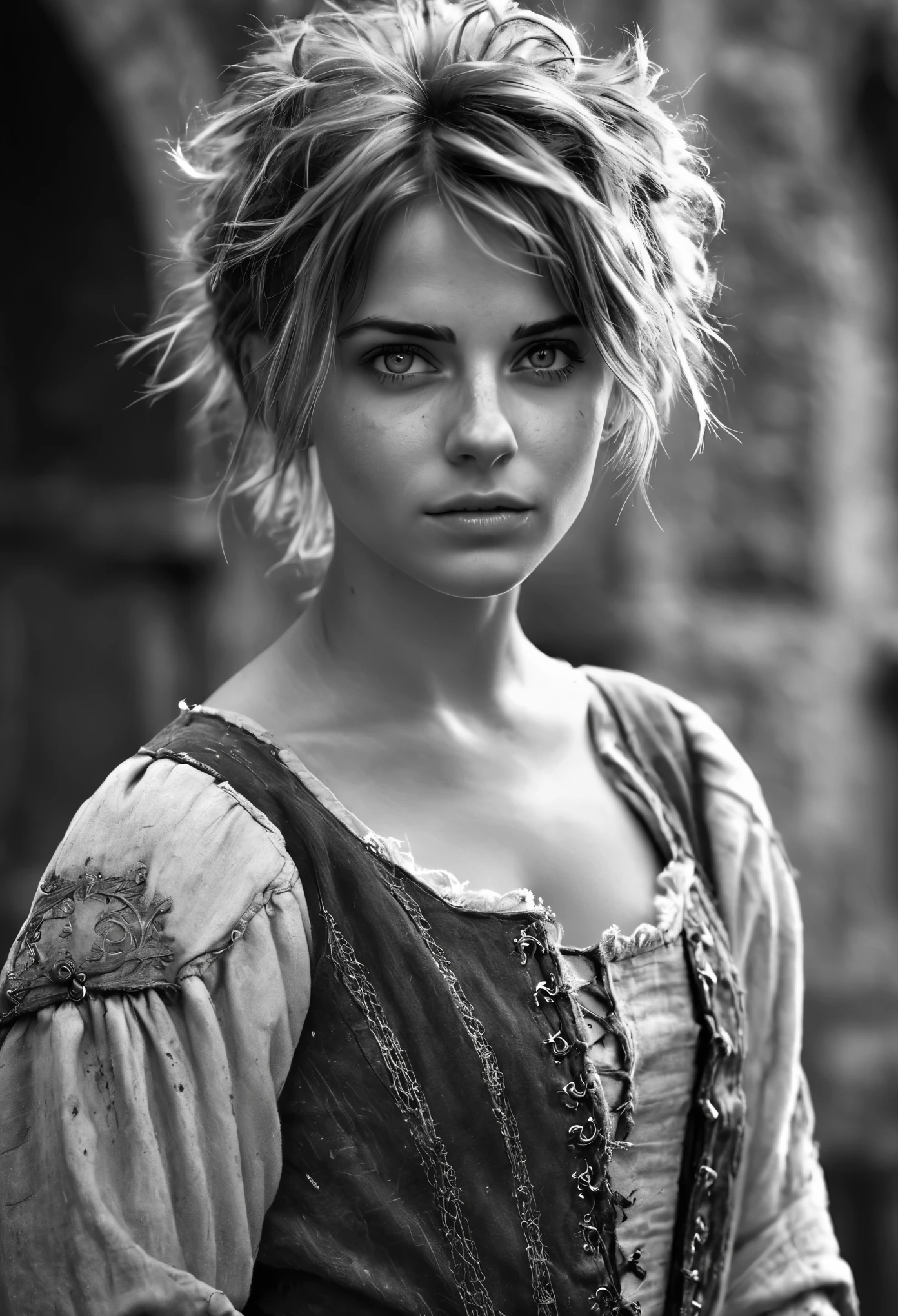 Photorealistic, cute woman with messy hair and poor tattered clothes, cute sexy, (detailed medieval background), ultra sharp focus, detailed face, (((posing))),  random hair color, short hair, beautiful eyes, full body, high quality black and white analog photo,  depth of field, film grain 