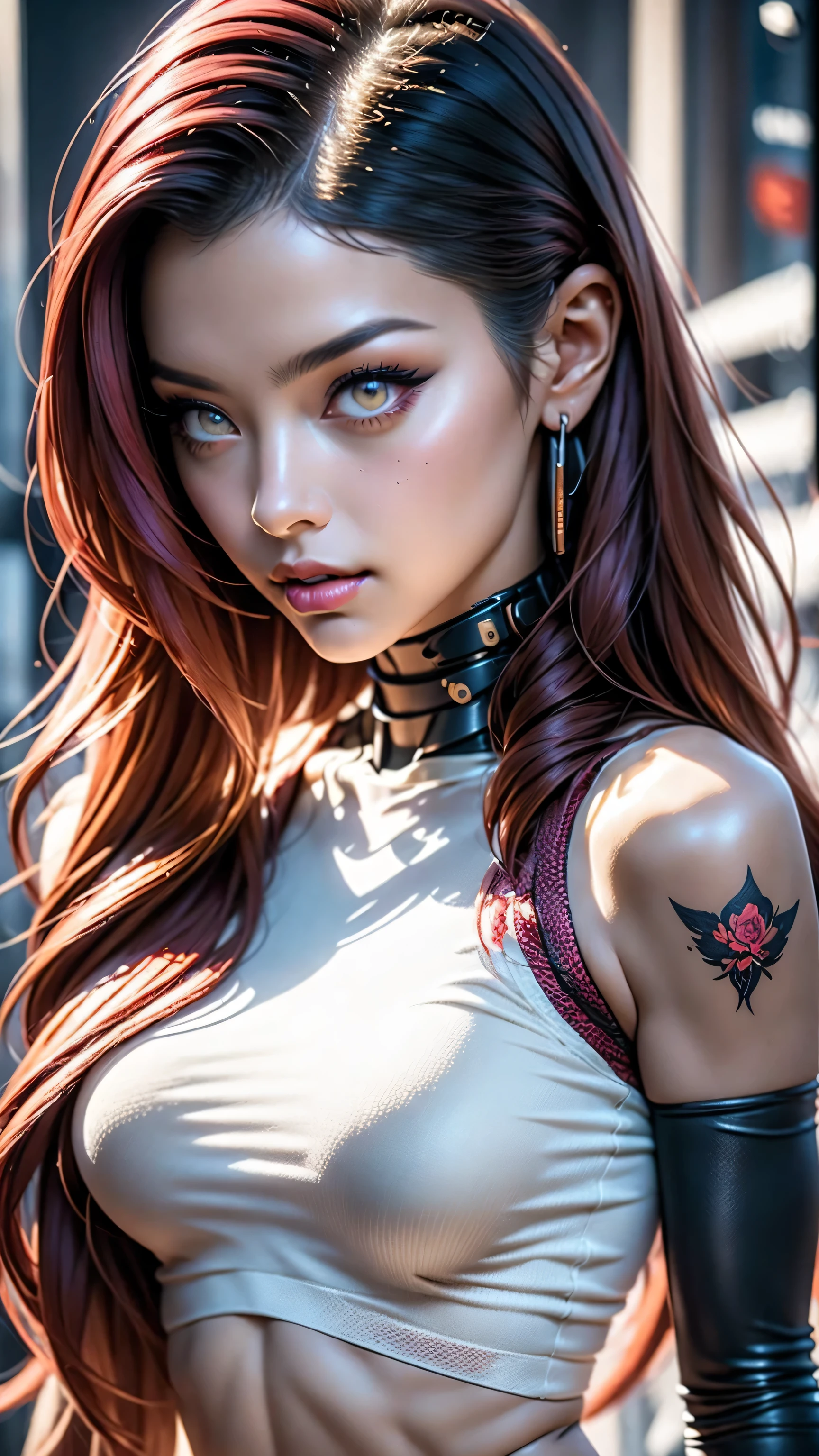 un gros plan d&#39;une jeune femme sensuelle, sourire sensuel, avec une arme à feu, CZ 75 en un (main qui le rapproche) à sa bouche, avec un tatouage sur le bras et une coiffure cyberpunk avec une mèche de cheveux roses, Belle fille cyberpunk, Belle fille cyberpunk face, (Belle œuvre d&#39;art numérique of a very minimalist provocative outfit:1.25), fille de rêve cyberpunk, Ultraréaliste Cyberpunk Art 8K, cyberpunk 2 0 ans. ou fille modèle, beau modèle de femme cyberpunk, seins fermes et normaux, avec des yeux extrêmement détaillés (yeux marrons), (yeux finement de qualité, fatigué et somnolent et satisfait:0.0), Le portrait de la fille Cyberpunk, art numérique 32k très détaillé, Belle œuvre d&#39;art numérique, cyborg cyberpunk. des roses, art numérique réaliste 8k, éclairage doux au néon sur le visage et le corps 