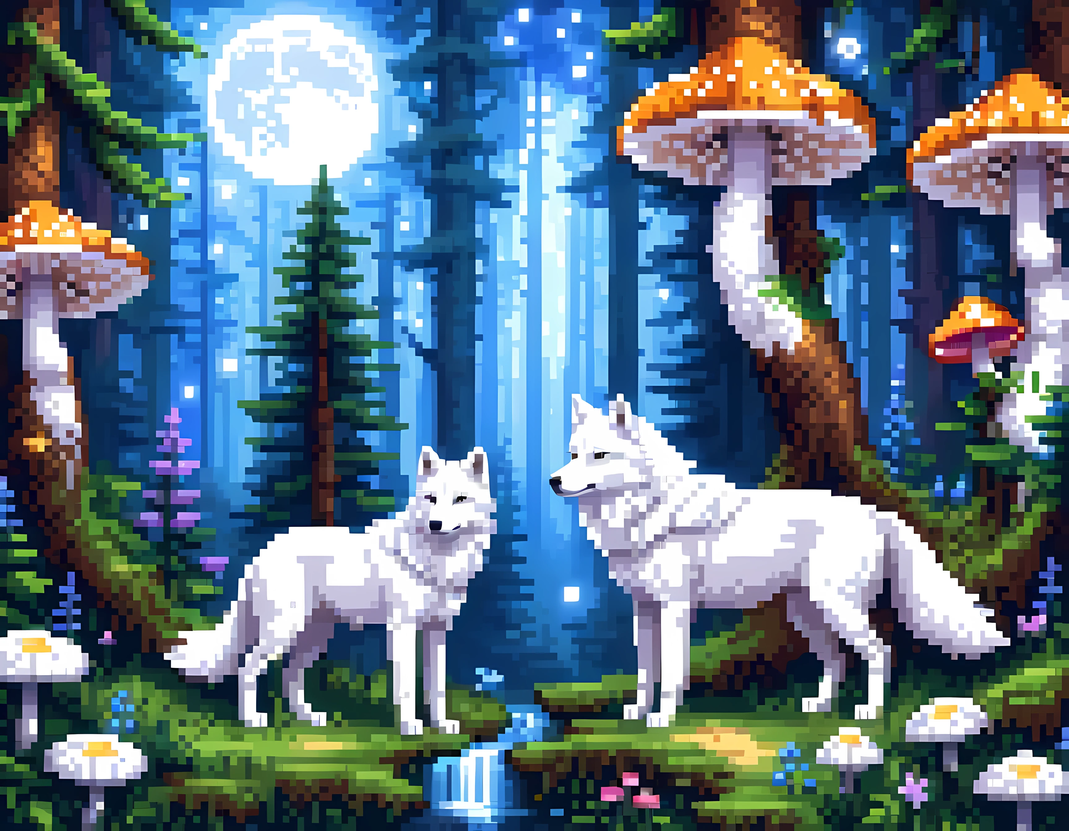 Epic digital drawing, a magical summer forest at starry night, moon (rays) filtering through the thick forest canopy, (adorable two howling white wolves, magical shimmering crystals), soft fog, masterpiece in maximum 16K resolution, superb quality. | ((More_Detail))
