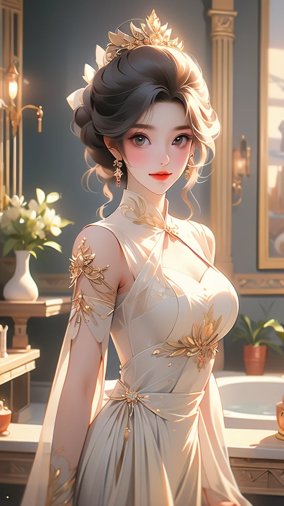 ((Best Quality, 8K, Masterpiece: 1.3)), 1girl, Slim Abs Beauty: 1.3, (Hairstyle Casual, Big Breasts: 1.2), Dress: 1.1, Super Fine Face, Delicate Eyes, Double Eyelids, Smile, Home