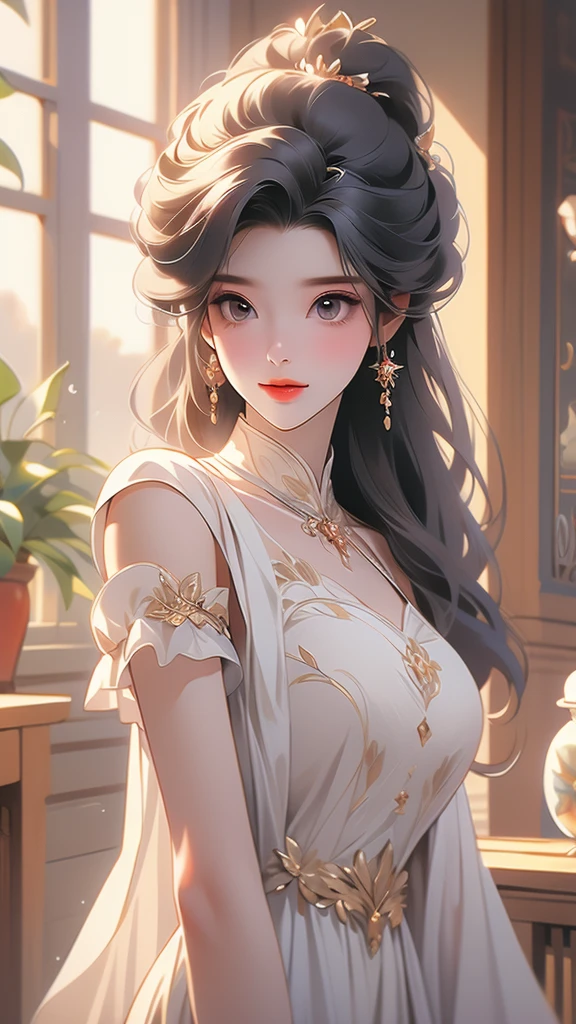 ((Best Quality, 8K, Masterpiece: 1.3)), 1girl, Slim Abs Beauty: 1.3, (Hairstyle Casual, Big Breasts: 1.2), Dress: 1.1, Super Fine Face, Delicate Eyes, Double Eyelids, Smile, Home