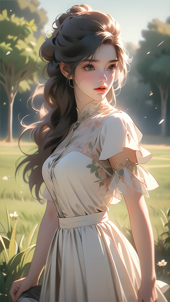 (best quality, 8k: 1.2), super detailed, realistic : 25 ans, fille sur la pelouse, nature, messy hair, cheveux courts, sky light and shadow images net bag