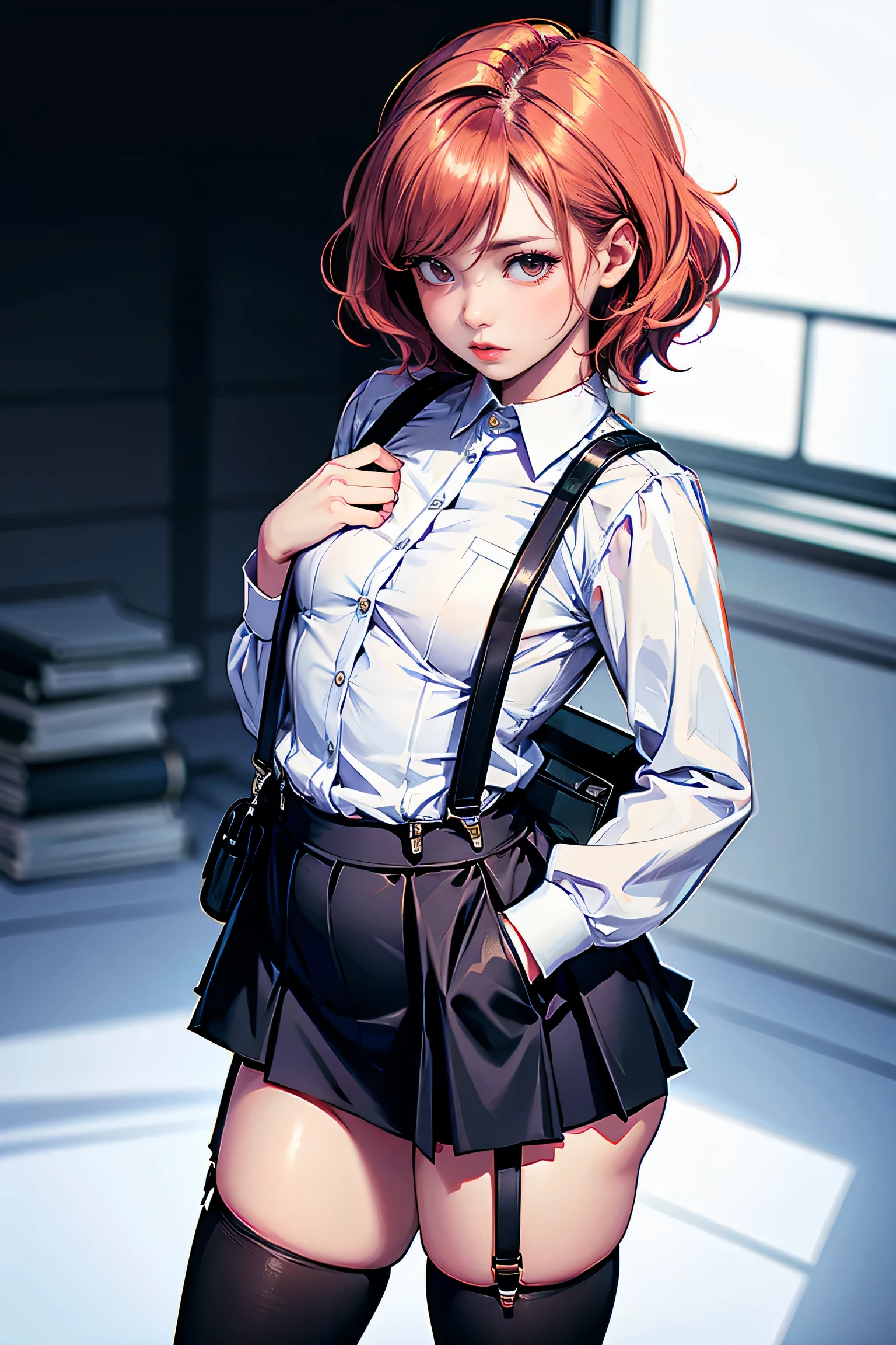 cartoon image of a woman wearing a short skirt and white shirt, sports figure, Cute sexy butts, high resolution комиссия,  , hips!!, Expects, Short full-length portrait!, hips!!!!!!, with backlight, slim ass, stockings up to hips, red & black clothes, legs clamped in stockings with suspenders