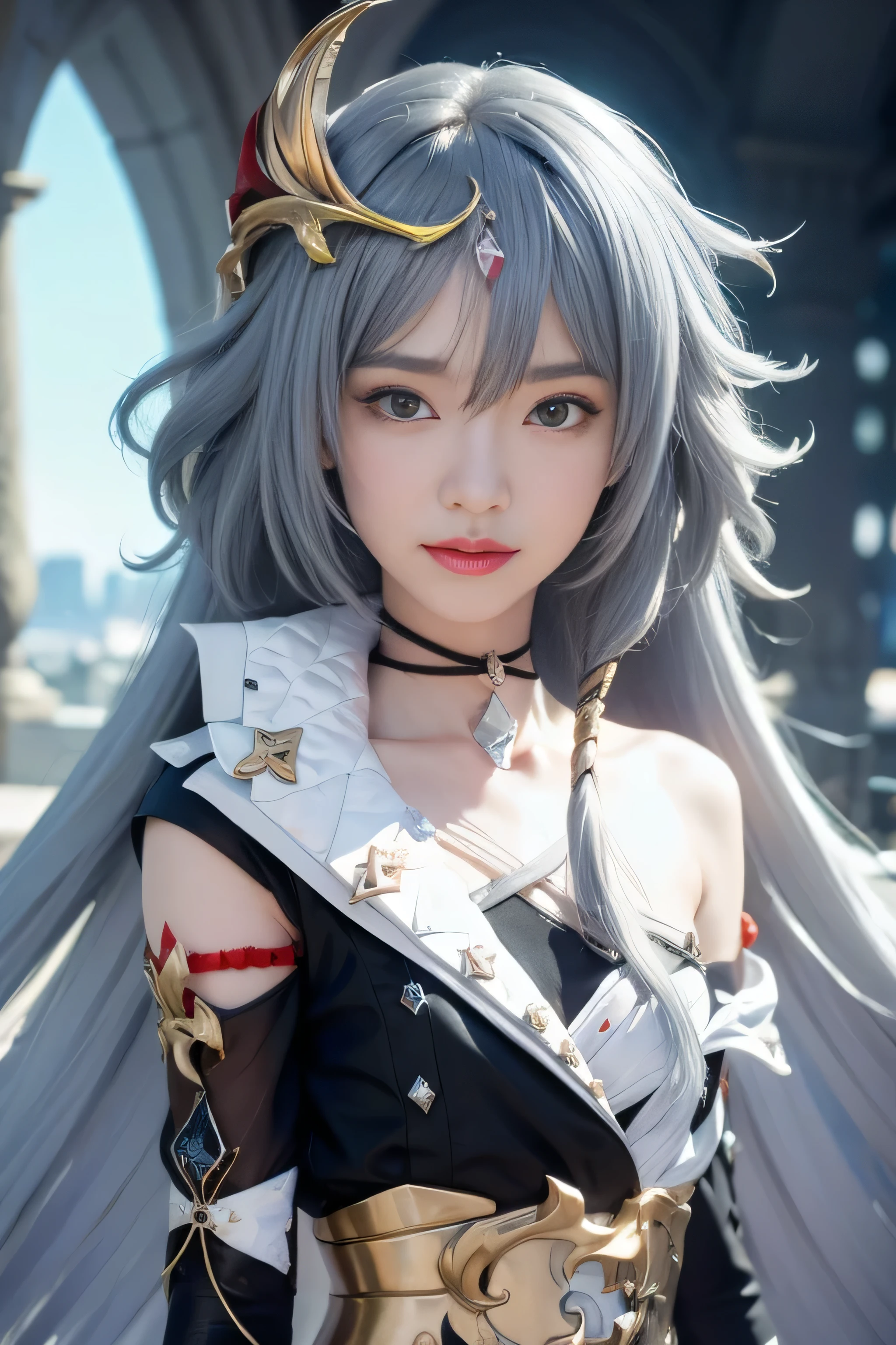 Realistic,masterpiece, best quality, (realistic,photo-realistic:1.4), (RAW photo:1.2),extremely detailed CG unity 8k wallpaper, delicate and beautiful, amazing,finely detail, official art, absurdres, incredibly absurdres, huge filesize, ultra-detailed,extremely detailed eyes and face, light on face,fu hua,little smile,(grey hair hair:1.3),long hair,(wearing armored dress:1.4),(small breast:1.3),(hair ornament:1.4),city background,