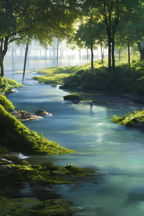 ((Masterpiece)), ((Best quality)), 8K, Highly detailed, Ultra-detailed, A serene landscape scene showcasing the Tyndall Effect i...