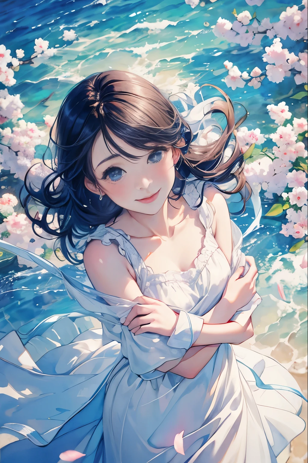 8k,masterpiece,highest quality, (From above:1.6) ,dynamic pose,A 12-year-old girl waiting for spring, bright lights, long hair, Wind、 smile, watercolor painting \(Moderate\),watercolor painting,(body-hugging white dress:1.3)