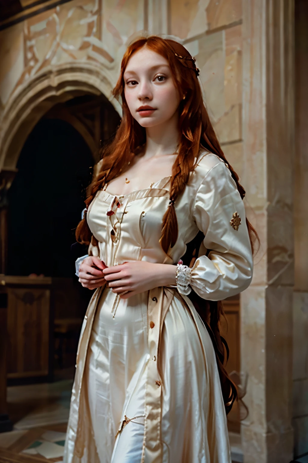 arafed woman with long red hair wearing a white dress, in a high renaissance style, in a renaissance style, realistic renaissance portrait, in renaissance style, renaissance portrait, complex redhead braided hair, renaissance digital painting, maiden with copper hair, in a style blend of botticelli, monia merlo, in style of sandro botticelli, portrait of princess merida