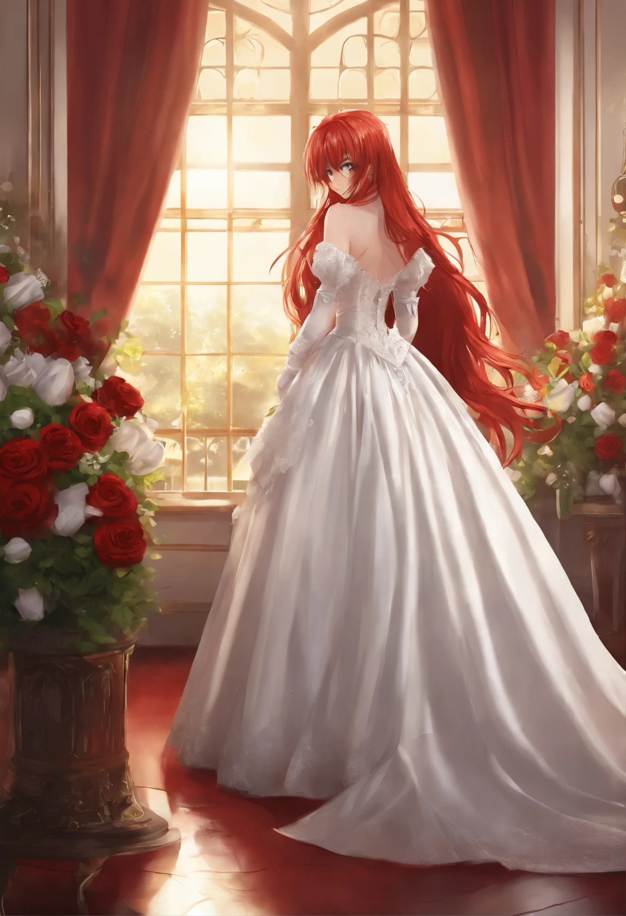 Anime style image of a woman in a wedding dress standing in front of a window SeaArt AI