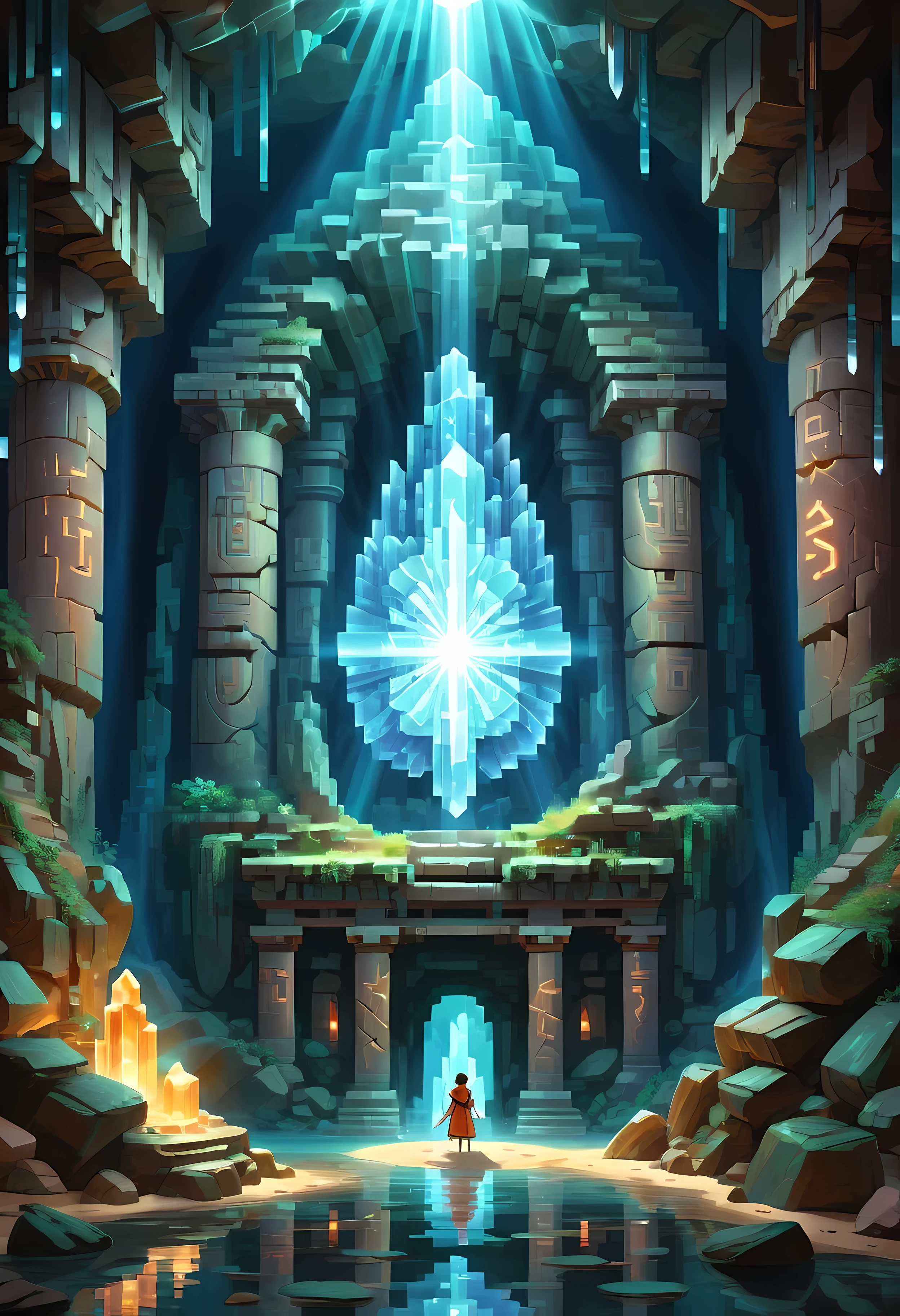 Pixel art, a monumental time portal crackling with energy and surrounded by swirling anomalies, ancient glyphs adorn its surface, ((iridescent light rays)), inside a mystical ((crystal)) cave, ((epic)), masterpiece in maximum 16K resolution, superb quality. | ((More_Detail))