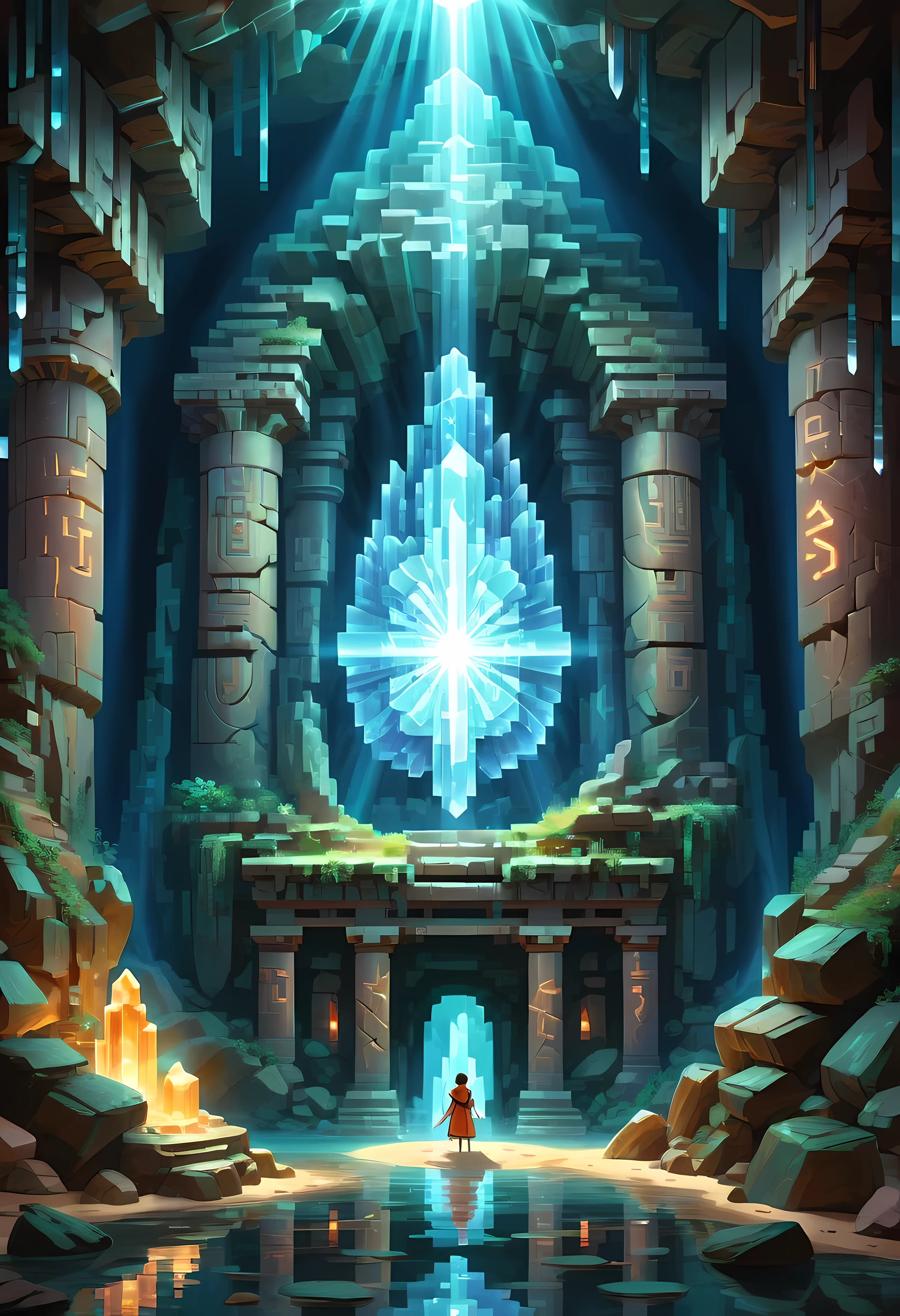 Pixel art, Ein monumentales Zeitportal, das vor Energie knistert und von wirbelnden Anomalien umgeben ist, alte Glyphen schmücken seine Oberfläche, ((schillernde Lichtstrahlen)), in einem mystischen ((Kristall)) Höhle, ((Epos)), Meisterwerk in maximaler 16K-Auflösung, hervorragende Qualität. | ((Mehr_Detail))