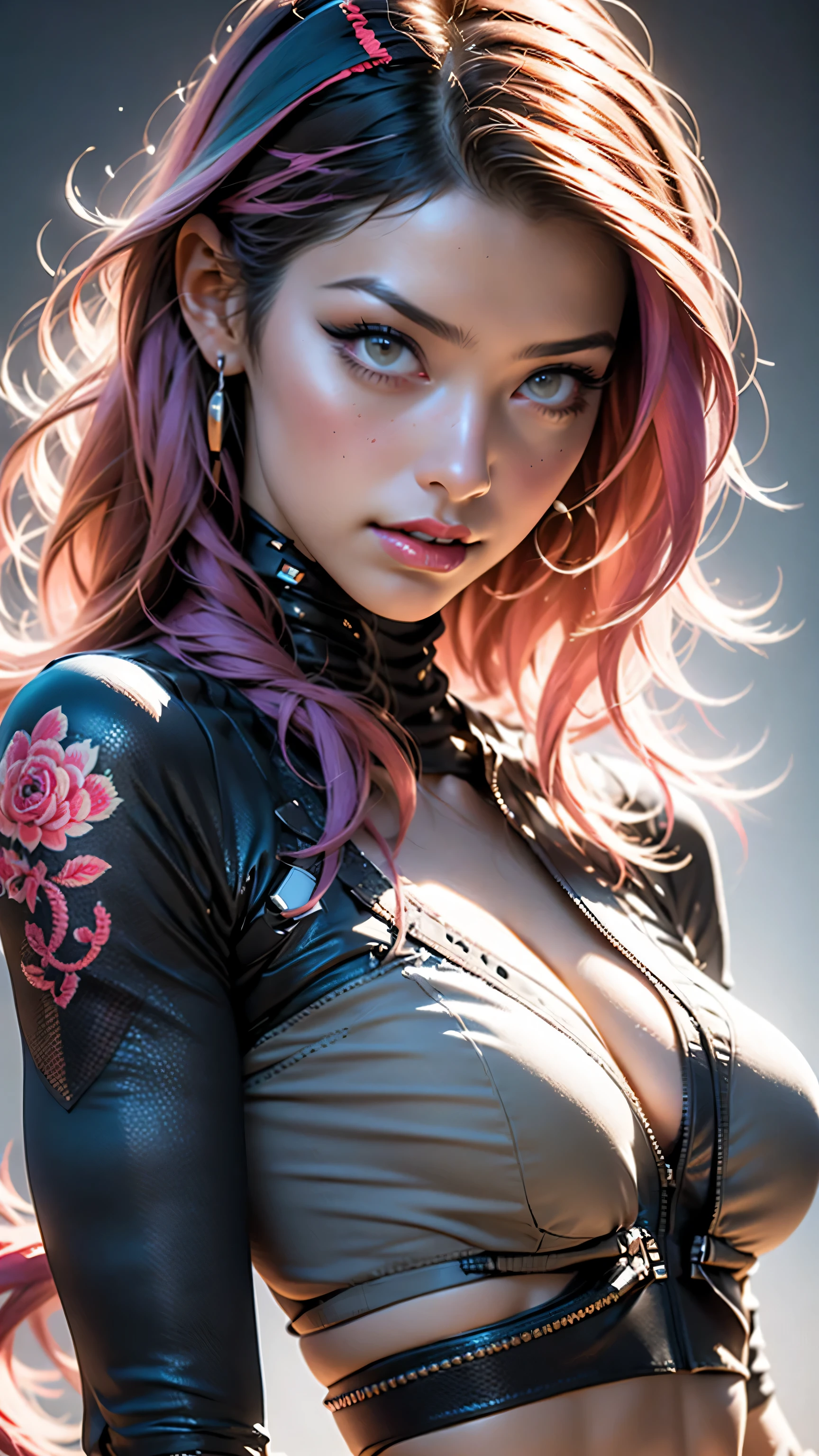 (um close-up) de uma jovem sensual, sorriso sensual, ela segura os seios com as mãos e os levanta suavemente, com uma tatuagem no braço e um penteado cyberpunk com uma mecha de cabelo rosa, Linda garota cyberpunk, Linda garota cyberpunk face, ((linda arte digital of a very skimpy, material escasso, roupa provocante:1.2)), garota sonhadora cyberpunk, arte cyberpunk ultrarrealista 16k, cyberpunk 2 0 anos. ou garota modelo, linda modelo de mulher cyberpunk, ((seios cheios normais e firmes:1.4)), com olhos extremamente detalhados (Olhos castanhos), (olhos de excelente qualidade, cansado, com sono e satisfeito:0.0), O retrato da garota cyberpunk, Arte digital altamente detalhada em 32k, linda arte digital, ciborgue ciberpunk. rosas, arte digital realista de 16k, iluminação neon suave no rosto e no corpo 