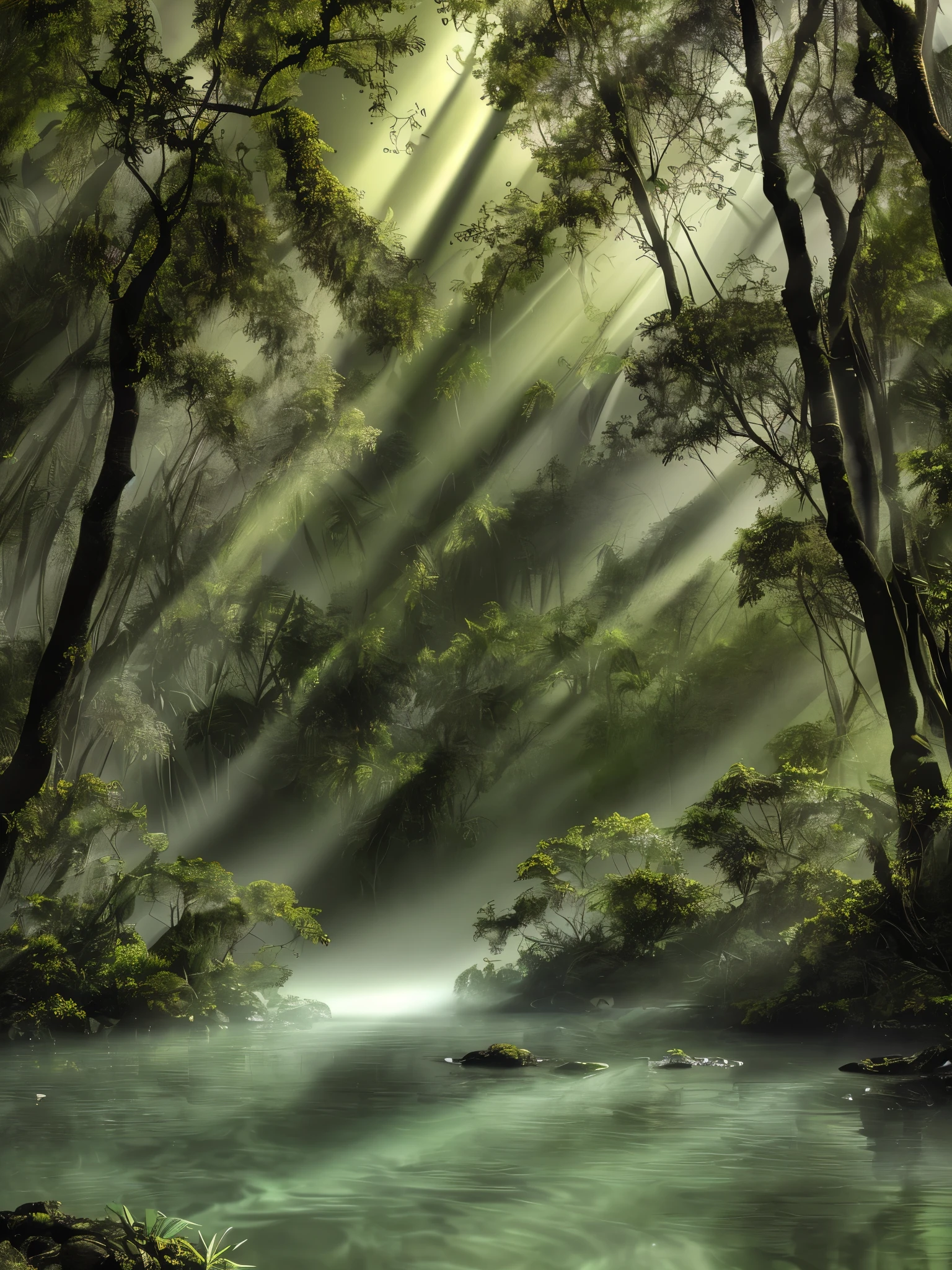 Dingdall effect, fog in tropical forests, sunlight shining through thin mist, 32k uhd style, semi transparent water, high-definition photography, silver and green, low angle, flowing strokes,