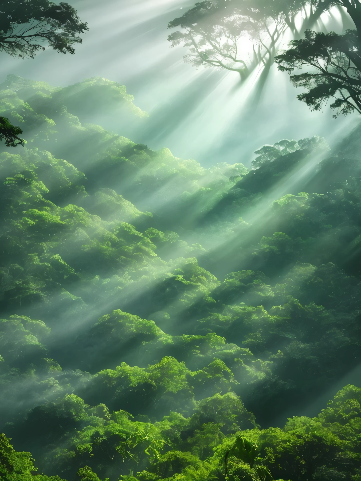 Effet Dingdall, brouillard dans les forêts tropicales, lumière du soleil traversant une fine brume, Style UHD 32K, eau semi-transparente, photographie haute définition, argent et vert, faible angle, Des traits fluides,