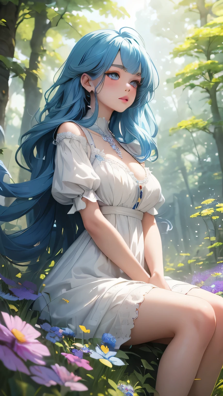 (highest quality,4k,High resolution,masterpiece:1.2),Super detailed,realistic,HDR,anime,girl,blue hair,white dress,i deny that,fine and beautiful eyes,thick and beautiful lips,sitting on the ground,wild flowers around her,sunlight filtering through the trees,peaceful atmosphere,bright colors,soft shadow,dreamy style