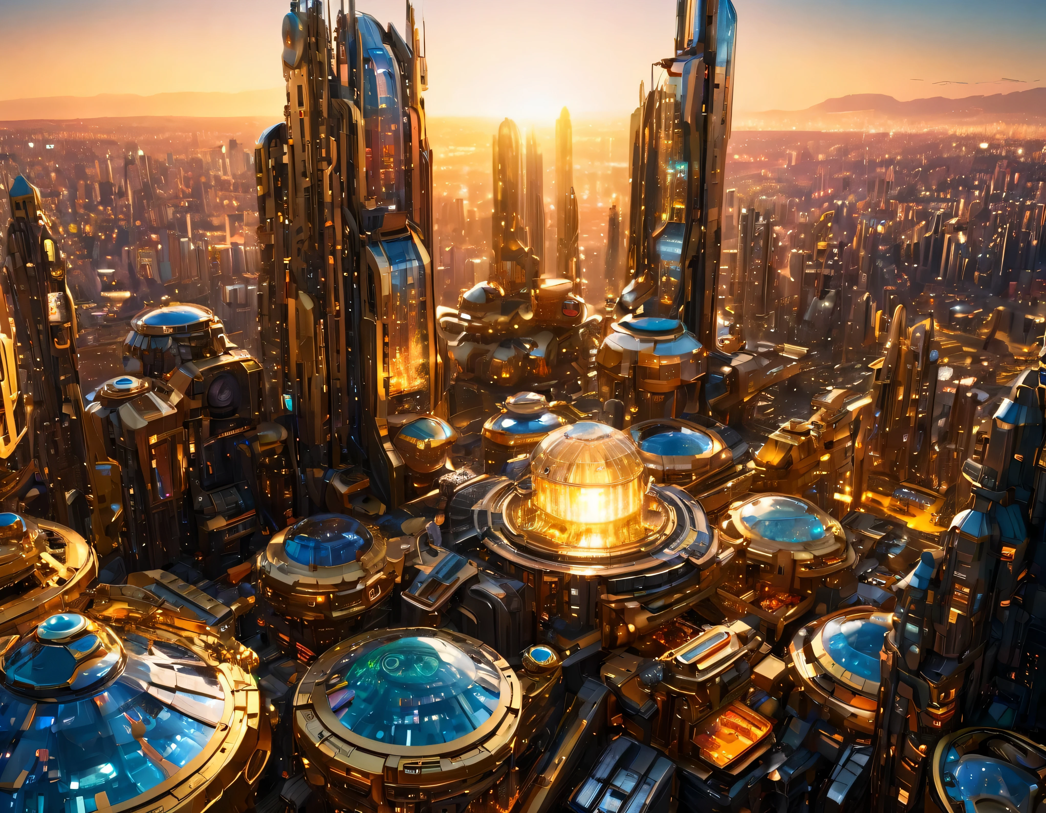 (Beleuchtung zur goldenen Stunde), Megacity, Megalopolis einer imaginären Welt der Science-Fiction und maximalen Fantasie, mit riesigen Gebäuden und ovalen und zwölfeckigen Wolkenkratzern, die aus Metall und Glas gruppiert sind und in denen silberne und farbenfrohe Leuchtreklamen vorherrschen.. Gut definiertes 8K-Bild, (komplizierte Details der Maschine), mit vielen Gebäuden zusammen.(Meisterwerk von höchster Qualität).(fotorealistisches Bild), absolute Schärfe bis in den Hintergrund