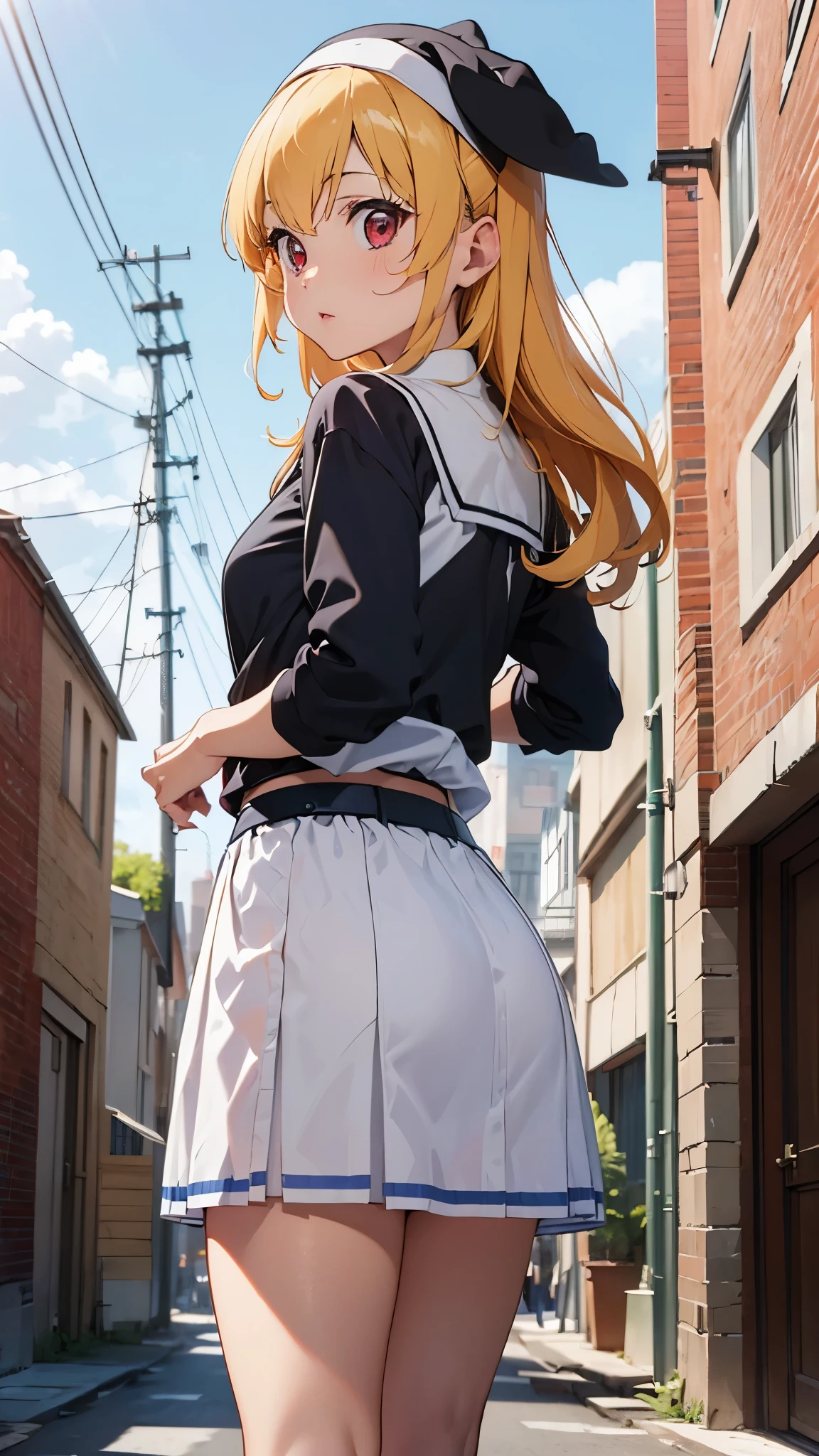 (masterpiece, 最high quality, high quality, High resolution, super detailed, detailed background,)1 girl,couple,hetero,blonde hair,red eyes,nun,long skirt, (nun lifts up her skirt and exposes her butt),skirt lift,lift the skirt to your waist,cum in pussy,butt focus,from below,at church,