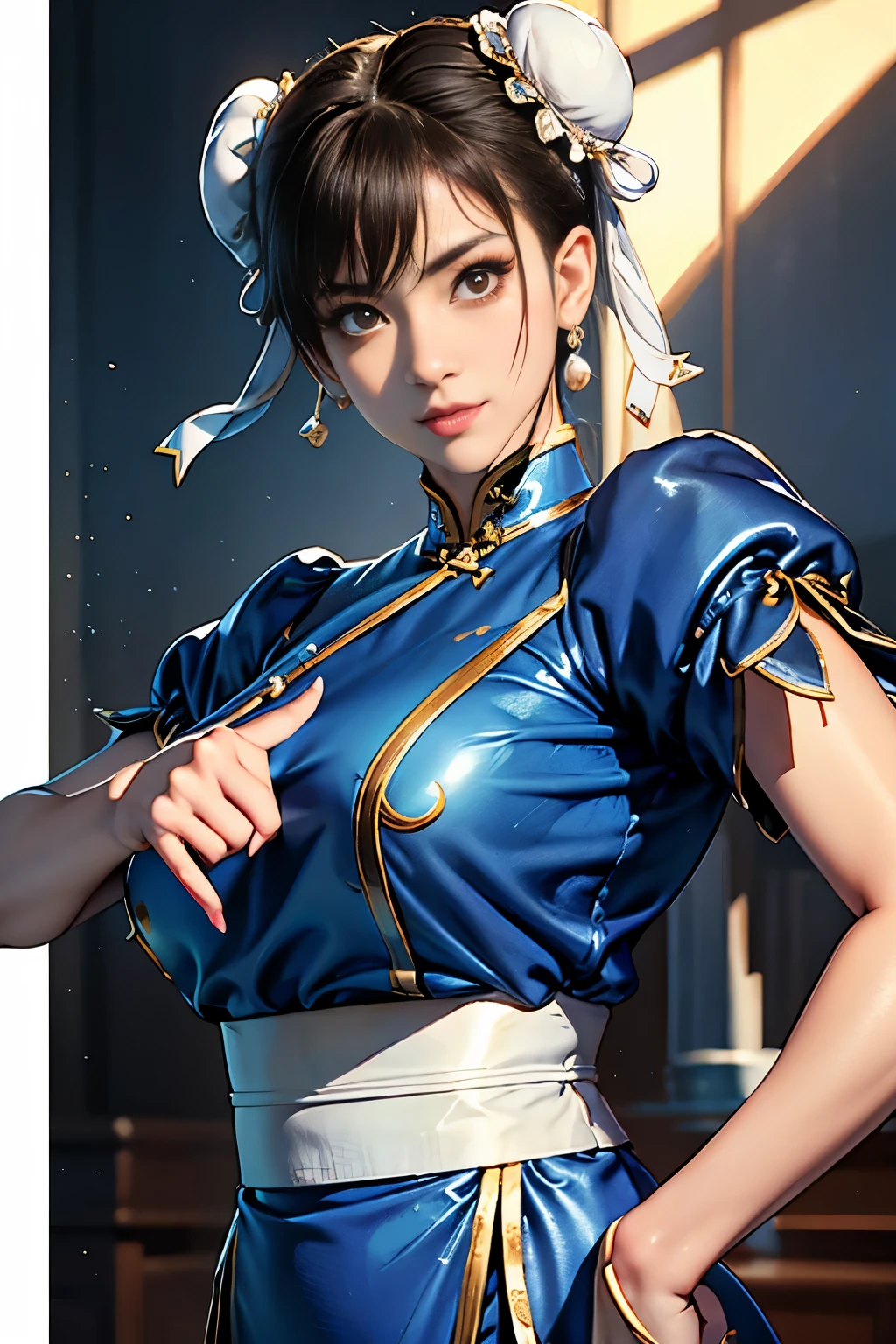 Chun-Li from Street Fight II,perfect chun li costume,blue cheongsam with gold lines,Bun head,Good cover,fighting pose,masterpiece、1 beautiful girl、fine eyes、puffy eyes、highest quality, 超High resolution, (reality: 1.4), movie lighting、Japanese、asian beauty、Korean、super beautiful、beautiful skin、body facing forward、close up of face、(超reality的な)、(High resolution)、(8k)、(very detailed)、(美しくfine eyes)、(Super detailed)、 (wall-)、detailed face、bright lighting、professional lighting、looking at the viewer、look straight ahead、slanted bangs、Nogizaka Idol、korean idol、masterpiece, highest quality, masterpiece, highest quality, perfect face, perfect brown eyes with white sclera, bad move-5, alone, 1 girl, Upper body, brown hair, From SF2, Chinese service, smile, muscular woman, blue clothes, pantyhose, pelvic curtain, Puffy short sleeves, Good cover, sash, evaluation:safety