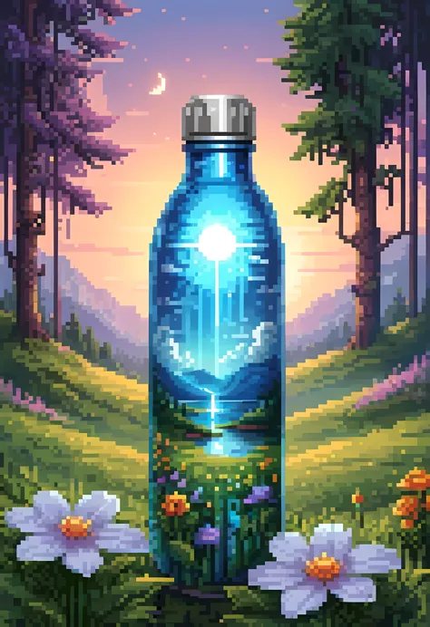 Pixel art, a close-up image of a luxurious high-end water bottle crafted from premium materials like polished stainless steel, p...