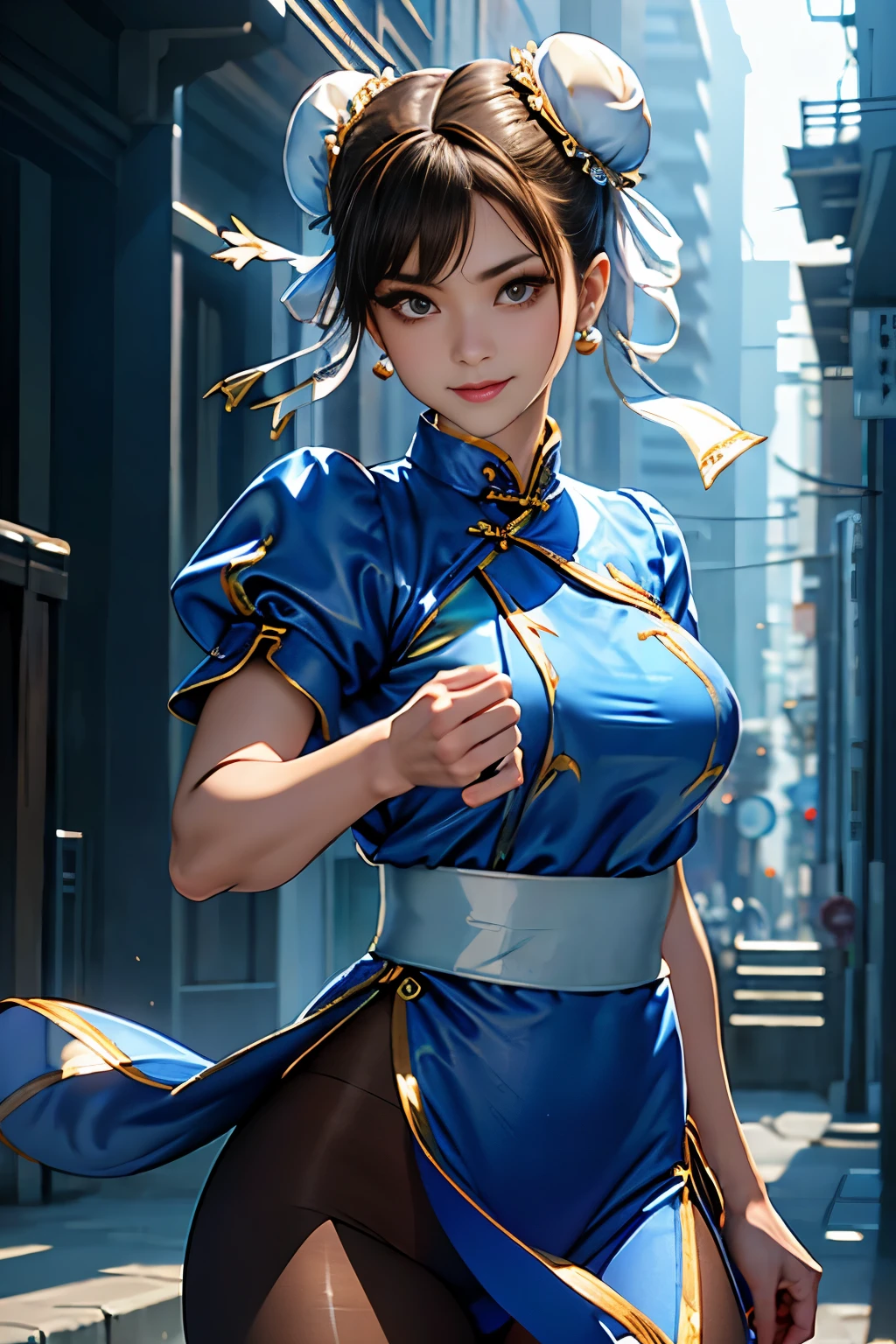Chun-Li from Street Fight II,perfect chun li costume,blue cheongsam with gold lines,Bun head,Good cover,fighting pose,masterpiece、1 beautiful girl、fine eyes、puffy eyes、highest quality, 超High resolution, (reality: 1.4), movie lighting、Japanese、asian beauty、Korean、super beautiful、beautiful skin、body facing forward、close up of face、(超reality的な)、(High resolution)、(8k)、(very detailed)、(美しくfine eyes)、(Super detailed)、 (wall-)、detailed face、bright lighting、professional lighting、looking at the viewer、look straight ahead、slanted bangs、Nogizaka Idol、korean idol、masterpiece, highest quality, masterpiece, highest quality, perfect face, perfect brown eyes with white sclera, bad move-5, alone, 1 girl, Upper body, brown hair, From SF2, Chinese service, smile, muscular woman, blue clothes, pantyhose, pelvic curtain, Puffy short sleeves, Good cover, sash, evaluation:safety
