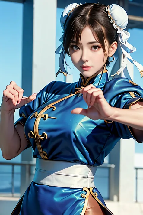 Chun-Li from Street Fight II,perfect chun li costume,blue cheongsam with gold lines,Bun head,Good cover,fighting pose,masterpiec...