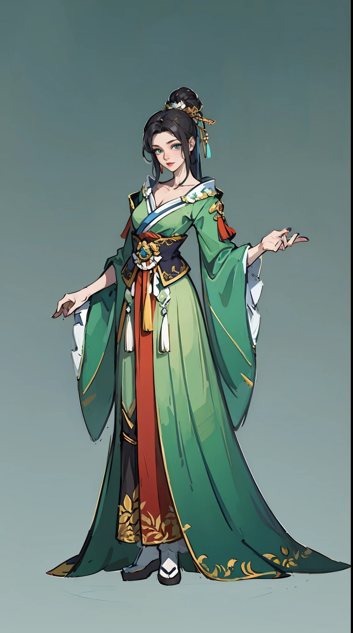 1 female（pretty face），Unique，full body standing painting，alone，Transparent Background，Original character designs from East Asia，Game character costume design，Gorgeous green dress，high detail，color grade，White background，ultra high resolution，sharp focus，HD，8k，clear facial features，clear details，beautiful eyes，beautiful face