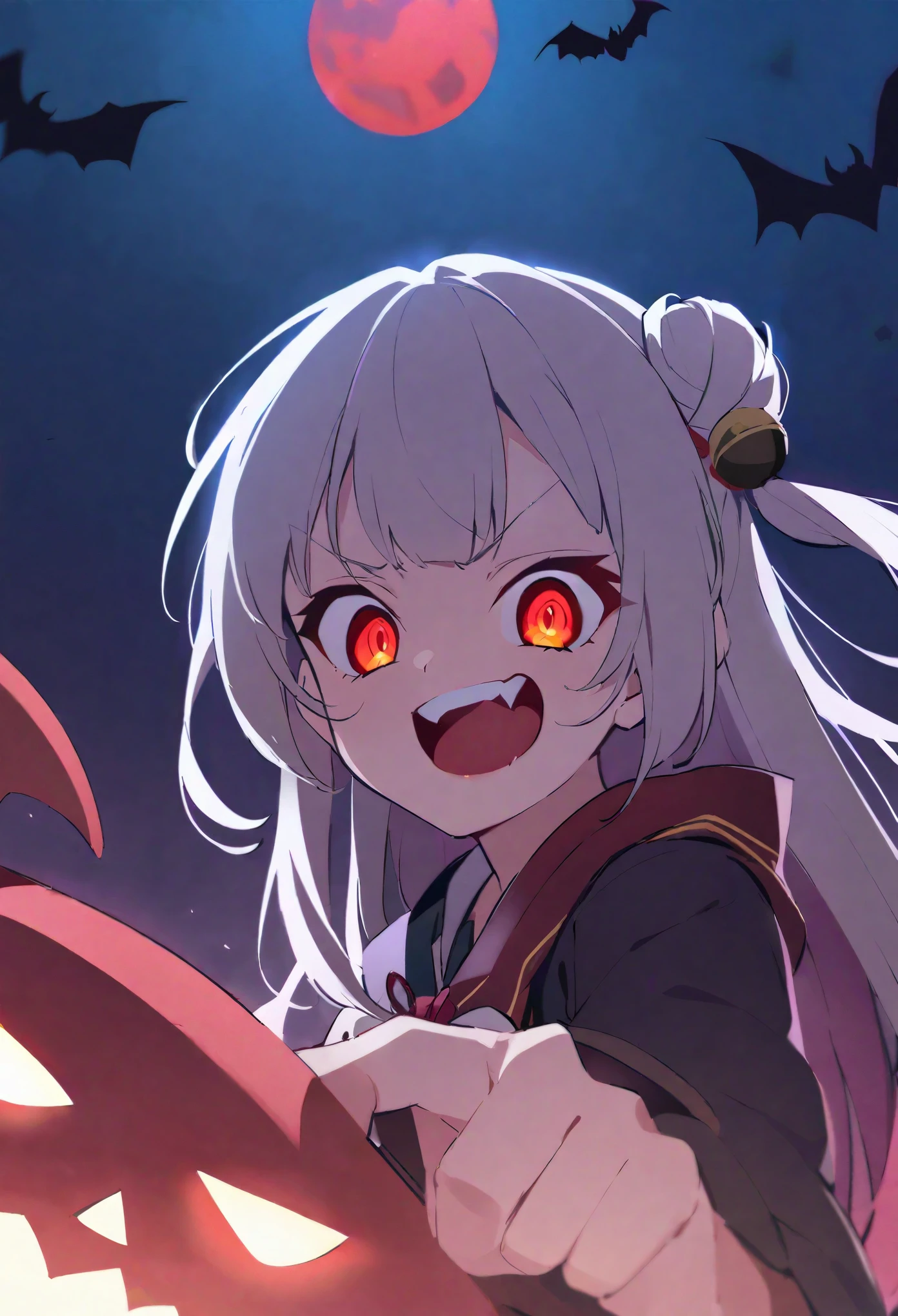 Anime girl with red eyes holding a pumpkin in front of a full moon - SeaArt  AI