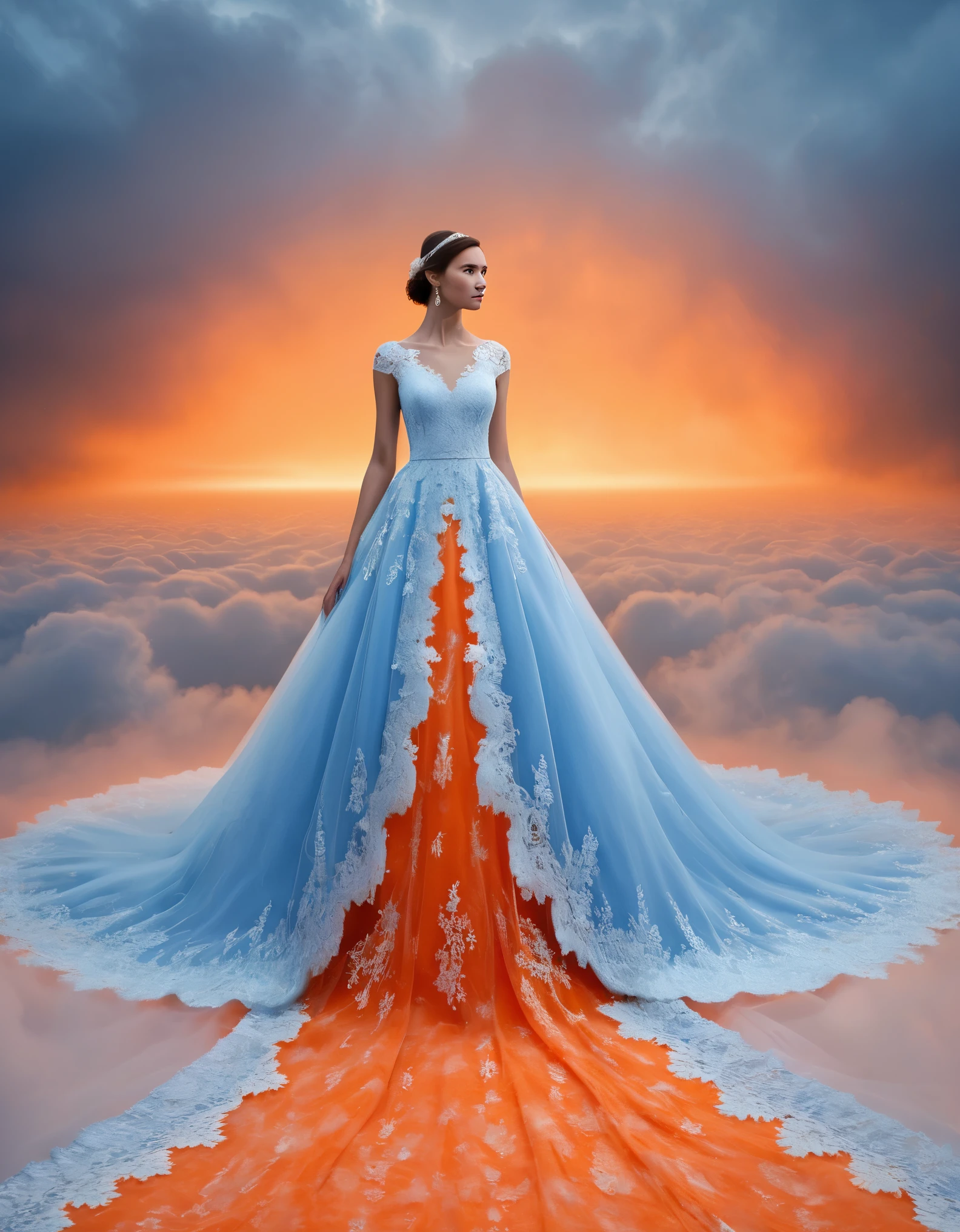 丁達爾現象，最好的品質,超詳細,实际的,專業的，蓝色蕾丝婚纱，一排排橙色光束,雲,薄霧,，白色简约,部分反射，桌面壁紙，