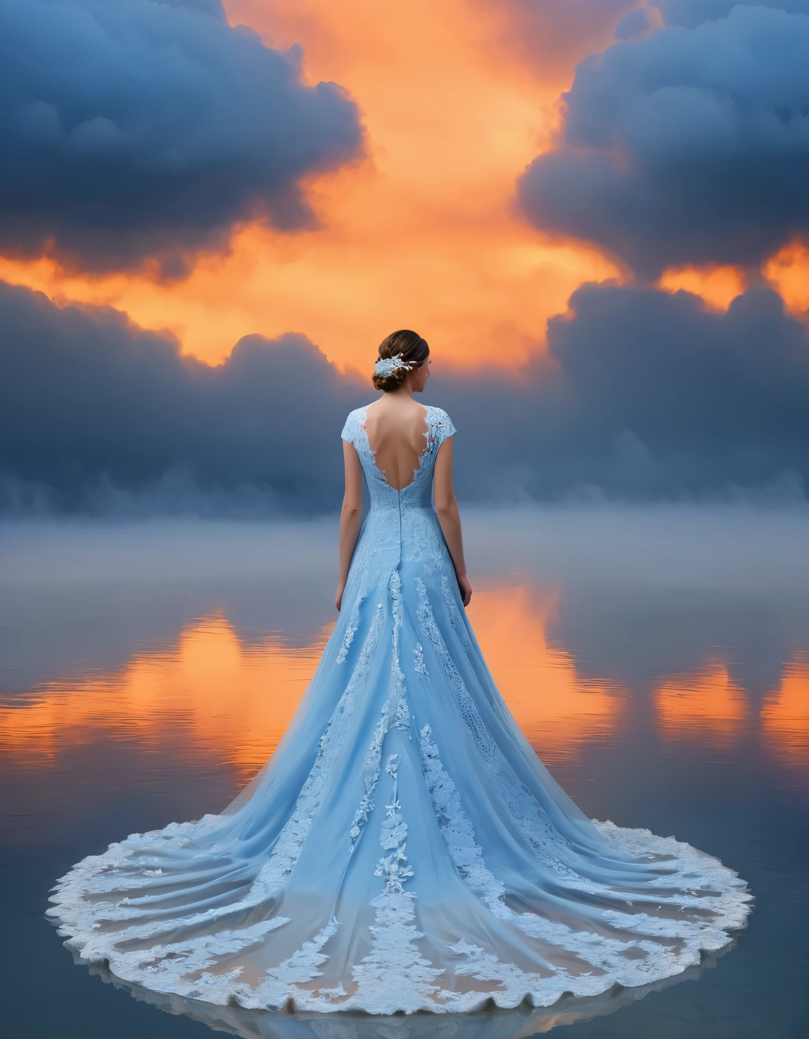 丁達爾現象，最好的品質,超詳細,实际的,專業的，蓝色蕾丝婚纱，一排排橙色光束,雲,薄霧,，白色简约,部分反射，桌面壁紙，