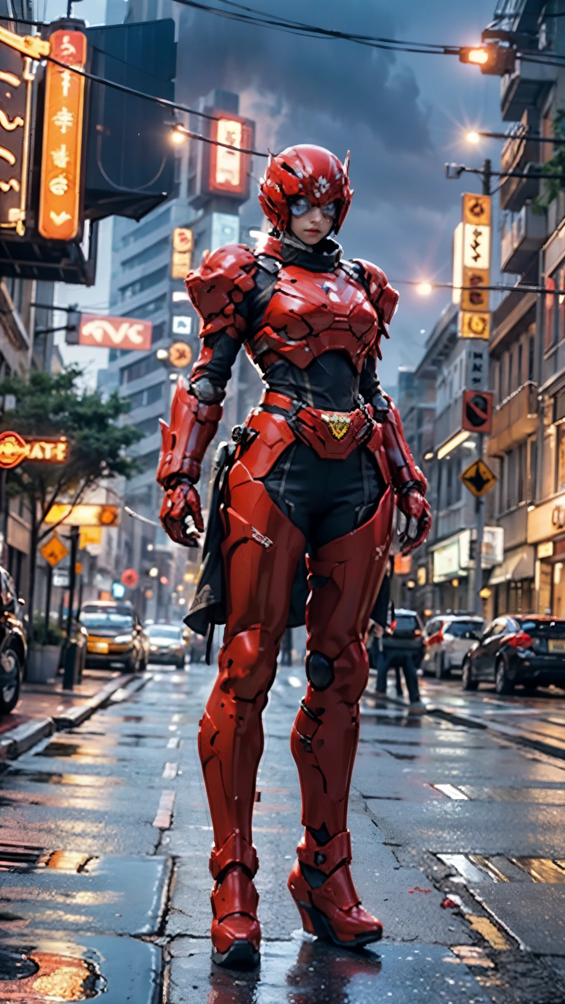 A woman adorned in fantasy-style full-body armor, a crown-concept fully enclosed helmet that unveils only her eyes, a composite layered chest plate, fully encompassing shoulder and hand guards, a lightweight waist armor, form-fitting shin guards, the overall design is heavy-duty yet flexible, ((the armor gleams with a golden glow, complemented by red and blue accents)), exhibiting a noble aura, she floats above the Futuristic city, this character embodies a finely crafted fantasy-surreal style armored hero in anime style, exquisite and mature manga art style, (beetle concept Armor, photorealistic:1.4, real texture material:1.2), ((city night view, elegant, goddess, femminine:1.5)), metallic, high definition, best quality, highres, ultra-detailed, ultra-fine painting, extremely delicate, professional, anatomically correct, symmetrical face, extremely detailed eyes and face, high quality eyes, creativity, RAW photo, UHD, 32k, Natural light, cinematic lighting, masterpiece-anatomy-perfect, masterpiece:1.5