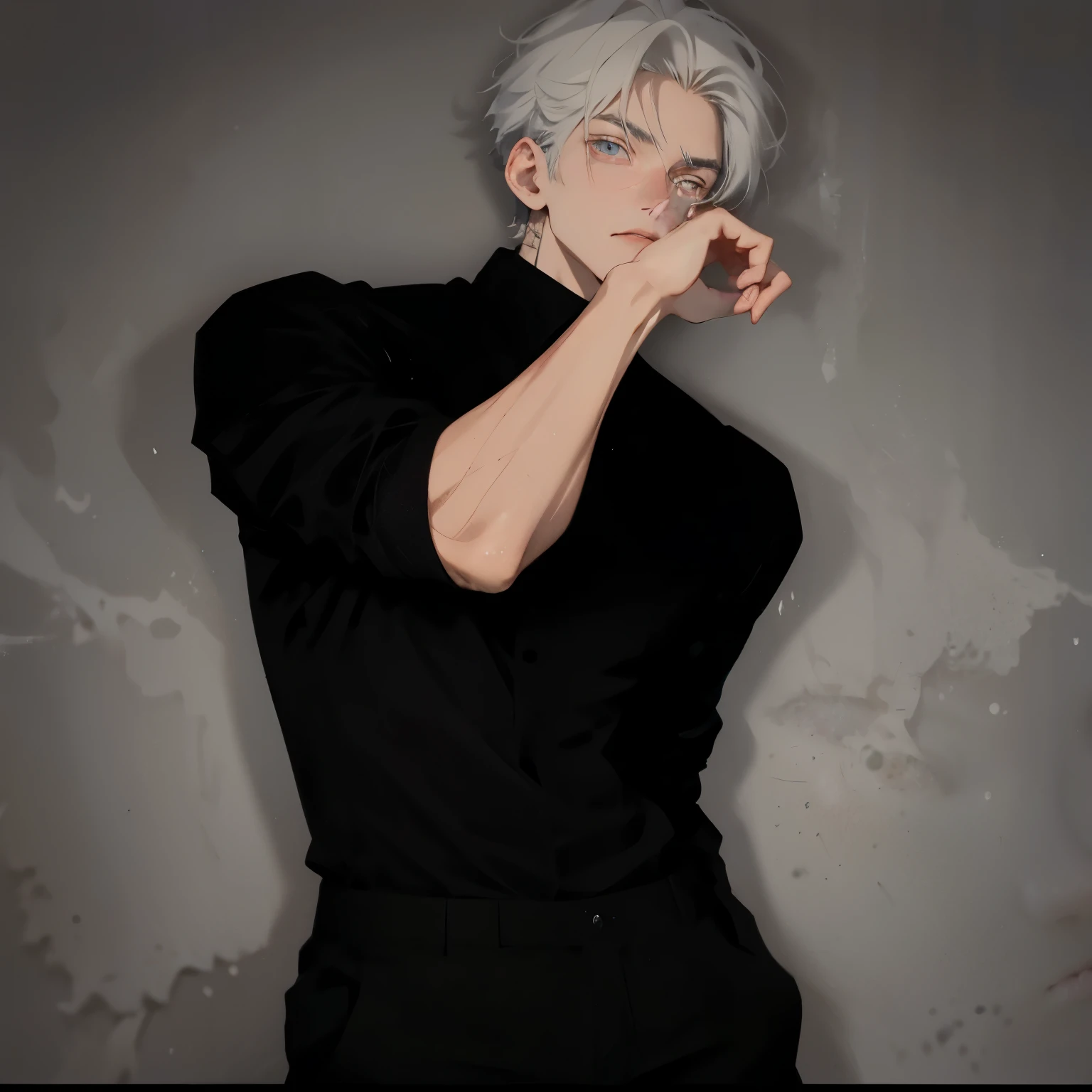 Arafed man in black shirt and black pants posing for a photo., ken kaneki, kaneki-ken, pose de anime guapo, male personaje animado, cai xukun, estilo anime masculino, androgynous vampire, pelo blanco, handsome japanese demon boy, androgynous man, delicate androgynous prince, personaje animado; arte de cuerpo completo, xqc