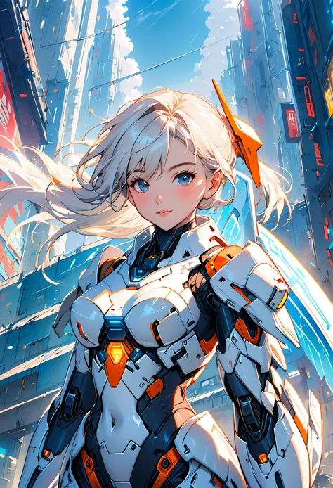 Beautiful young girl, sunny and outgoing, with white hair, a futuristic battle suit, steel mech, and a sci-fi background of cybe...