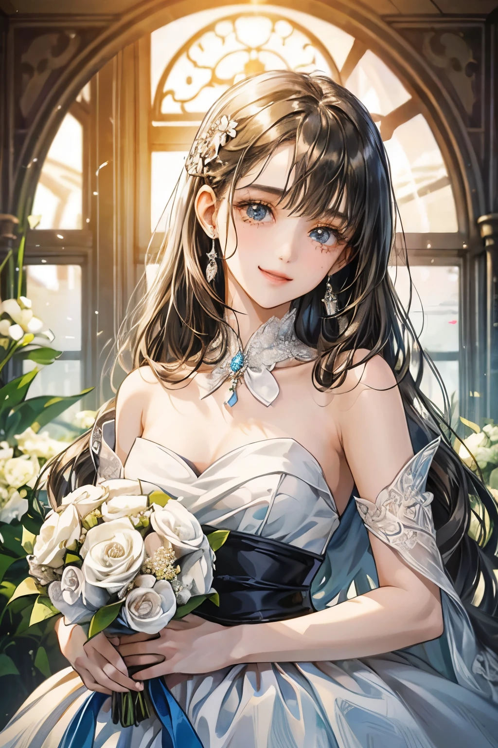 white、Ocean、droppy eyes、brown eyeole on face、smile、1 female、woman wearing one piece、long hair girl、((long hair girl))、girl with bangs、detailed face、clear face、((Highest image quality))、mole、bouquet、bride