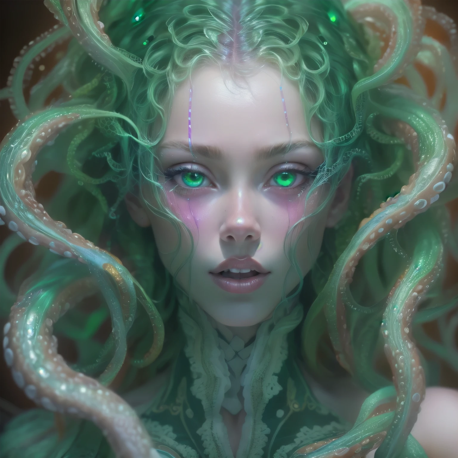 (1 mujer alienígena parecida a Medusa: 1.2), (Hay un órgano parecido a un genital femenino en el medio de la frente..:1.6), hermoso, cara fascinante, Este alienígena nos seduce con su encanto. Los cautivadores ojos rojos brillan, que recuerda a brasas encendidas. Todo su cuerpo no&#39;No te pareces a un humano., orgulloso de ser sexy, forma de otro mundo. Porque ella está sola、No hay humanos en esta escena., Sus células se fusionaron de forma extraterrestre única e interesante. (NSFW:1.4), Expresión de éxtasis,
(extraordinary hermoso nude photos:1.4), (Ojos esmeralda brillantes:1.5), (Sexy y glamorosa:1.1), (expresión coqueta:1.2), cuerpo delgado y tonificado, (muscular:1.2), (hermoso abs:1.5), hermosos pezones, (Tiene muchos tentáculos iridiscentes y translúcidos en lugar de cabello.:1.3), piel blanca, (Piel blanca con vasos sanguíneos prominentes.:1.3),
Muchos tentáculos translúcidos iridiscentes adornan su cuerpo..。, Brillando bajo una iluminación espectacular. Her piel blanca, Ligeramente transparente, realzar aún más su fantástico encanto. esta obra maestra, renderizado con 