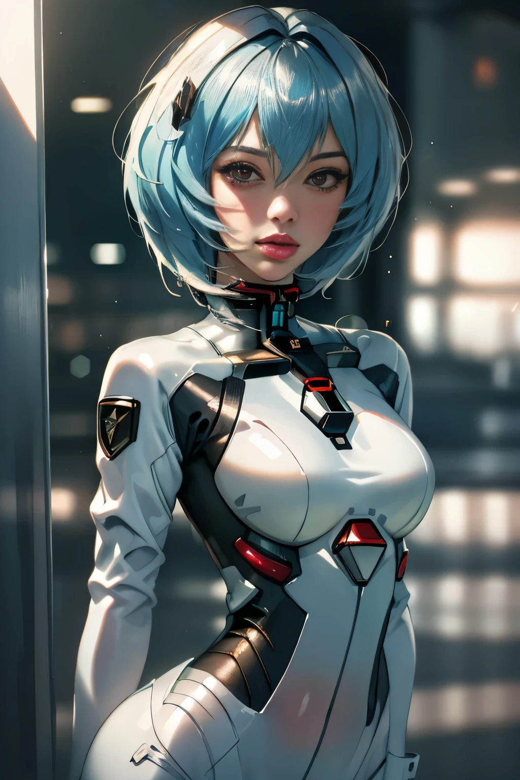 1girl, solo, photography, portrait of reiayanami girl wear white suit in sci-fi hanggar, bokeh, realistic, absurdes, detailed,