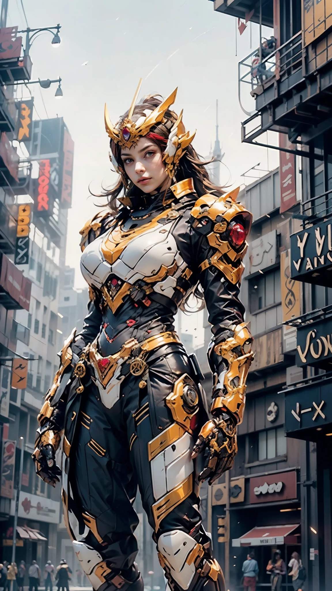 A woman adorned in fantasy-style full-body armor, a crown-concept fully enclosed helmet that unveils only her eyes, a composite layered chest plate, fully encompassing shoulder and hand guards, a lightweight waist armor, form-fitting shin guards, the overall design is heavy-duty yet flexible, ((the armor gleams with a golden glow, complemented by red and blue accents)), exhibiting a noble aura, she floats above the Futuristic city, this character embodies a finely crafted fantasy-surreal style armored hero in anime style, exquisite and mature manga art style, (beetle concept Armor, photorealistic:1.4, real texture material:1.2), ((city night view, elegant, goddess, femminine:1.5)), metallic, high definition, best quality, highres, ultra-detailed, ultra-fine painting, extremely delicate, professional, anatomically correct, symmetrical face, extremely detailed eyes and face, high quality eyes, creativity, RAW photo, UHD, 32k, Natural light, cinematic lighting, masterpiece-anatomy-perfect, masterpiece:1.5