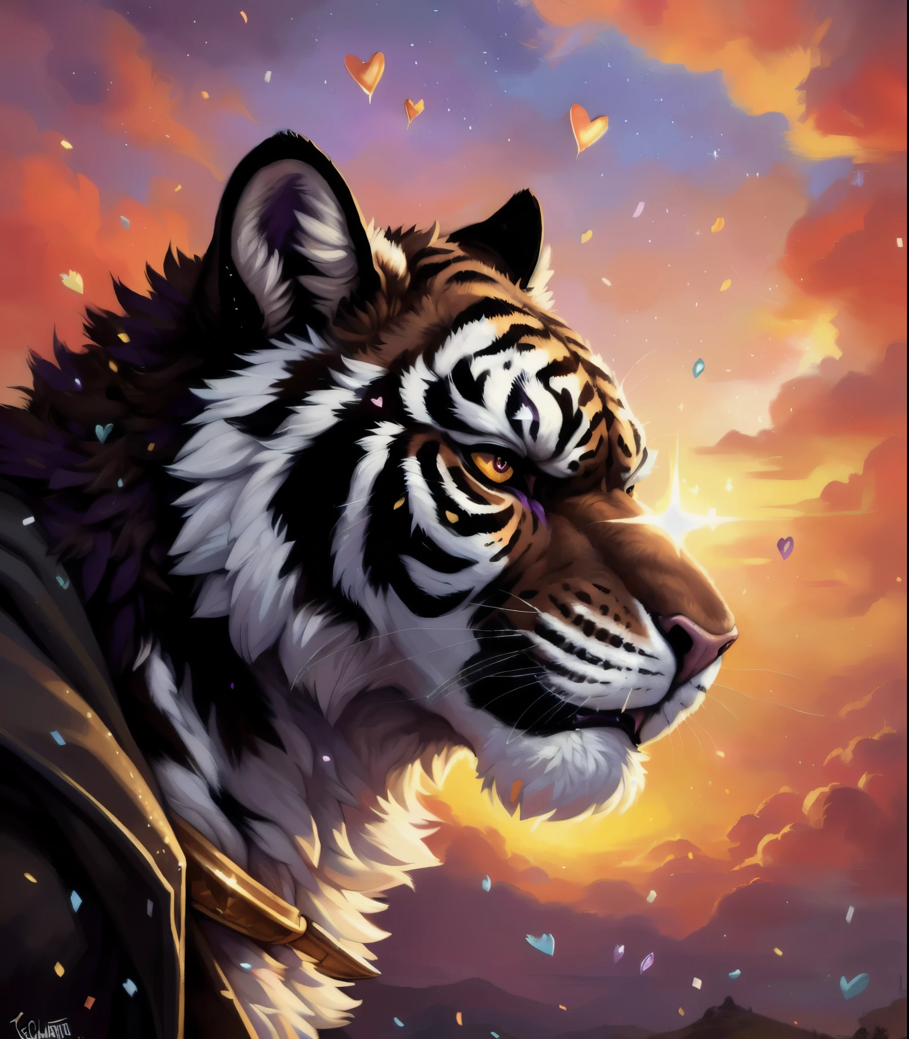 [🐯🐅], (absurd res), ((ultra high resolution)), (((masterpiece quality))), (breathtaking painstakingly detailed background), (impressive lighting), (Sunset clouds), (floating hearts), ((sparkles)), confetti, sunlight beams, god rays, ⫷|⫸ by foxovh, by sligarthetiger, by cumbread, by gammainks, by seibear, by lollipopcon, by dizzyknight, by greasymojo, by xpray, by roly, by honovy, by taran fiddler, by kenket, by Bayard Wu, by Thomas Benjamin Kennington, by Duase, posted on e621, (sunset clouds), ((sparkles)), (floating hearts), food, confetti, cinematic lighting, ⫷|⫸ jewelry, necklace, bracelet, bodily accessories, ear accessory, arm accessory, neck accessory, (feet accessory), ⫷|⫸ (fuzzy furry body:1.6), long ears, ((fur pattern)), ((exotic mammal)), (raised tail), presenting face, [slightly chubby feral], ⫹|⫺ alone, male, large body, (black Siberian tiger), (dark brown fur:1.6), (striped fur:1.5), (dark purple stripes:1.5), ((interesting Fur Pattern)),oft puffy nosebridge, (big blocky snout), (((head close-up))), (professional photoshoot), dutch angle, 8k, uhd, | ⫹|⫺ filth, messy, (cape-like Trench coat), ((super cool action pose)), (feral:1.6), (angry face:1.5), (side view:1.4), (detailed face:1.4), ((close-up)), bust shot, ((detailed eyeballs)), (beautiful attractive pupils:1.4), (roar:1.4), (extreme close-up), full face of a black tiger, ((purple blushing)), (BROWN eyes, rainbow pupils)