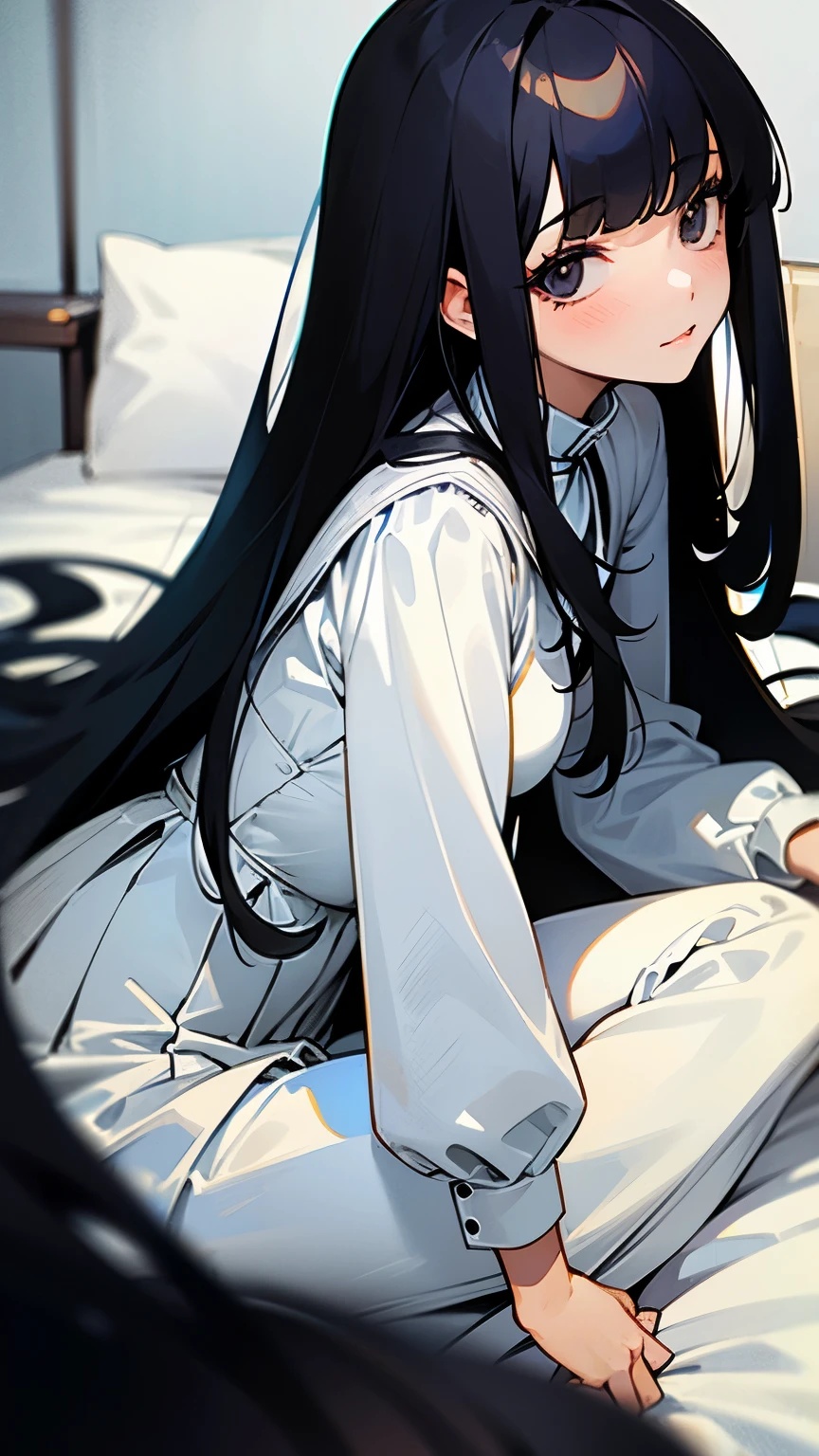 ((best quality)),((masterpiece)), 1 girl, long black hair, black eyes, (her bangs covered one of her eyes), white lolita outfit, ((ALL WHITE OUTFIT)), ((straight bangs)), shy, not smiled, dark modern bed room, low light, (half body)