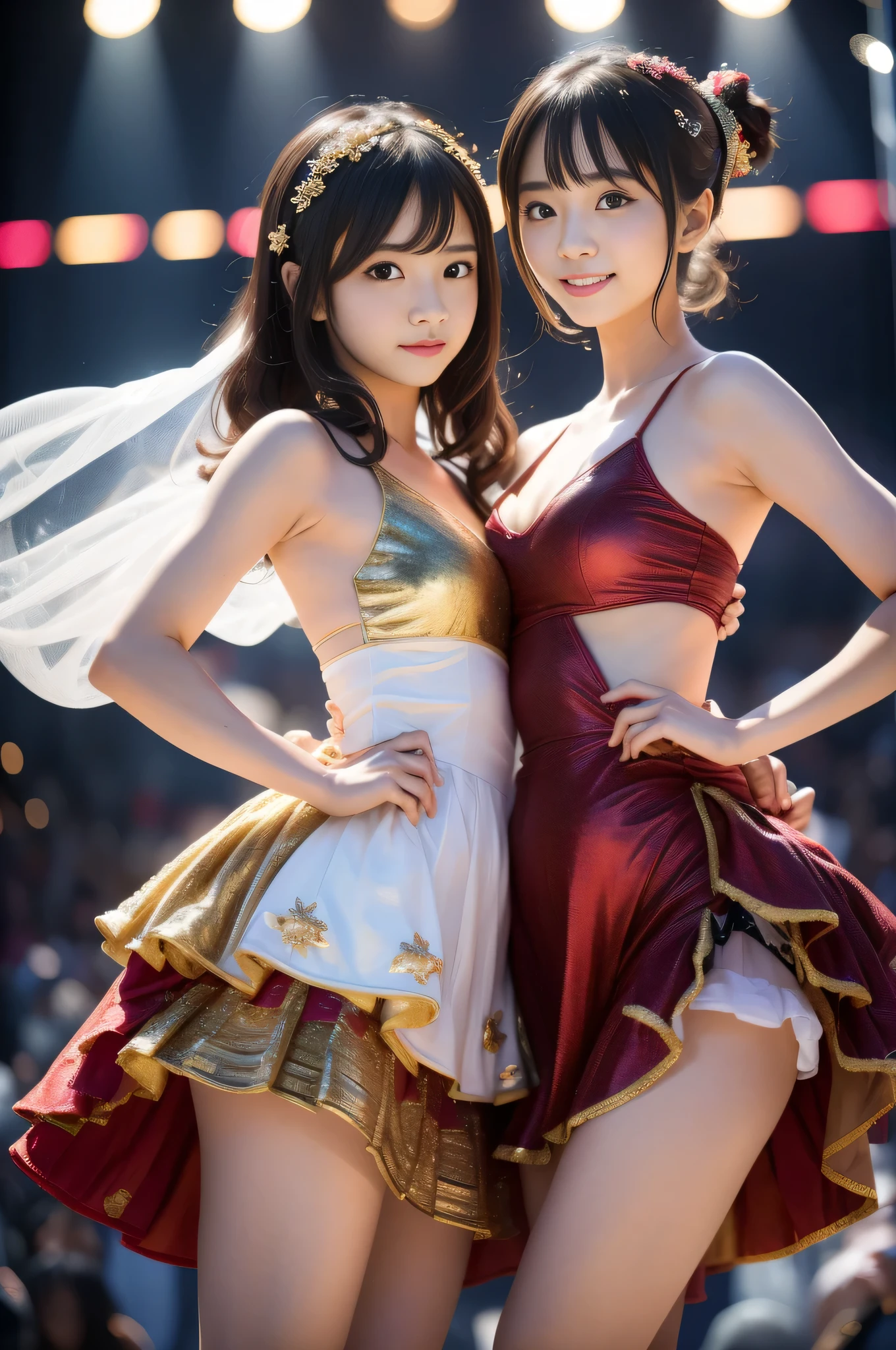 Popular idol concert,Wearing an idol costume:luxurious costume:red and gold and white,Sparkling,sequins,lame,ribbon,hair ornaments,shine,Background of the concert venue,Concert venue lighting,beautiful light and shadow, Second time&#39;Tzuyu, Young and cute idol,, cowboy shot, medium long,Refreshing young Japanese woman, cute idol sculpture, 🚿🗝📝, young idol, young slender idol, smile, nffsw, table top, award-winning, 8k, highest quality, smile refreshingly, Haruka Ayase, Assist々Kiki, Kana Hashimoto, Mai Shiraishi, Nishino Nanase, Mei Watanabe, Yuki Yoda, Assist々xylophone, Aoi Miyazaki, Yuko Takeuchi, Yuki Uchida, Suzu Hirose, Aya Ueto, award-winning, nffsw, table top,, japanese model, Realistic young idol, anatomically correct, In 8K