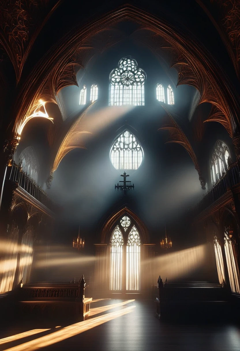 (Tyndall effect:1.8)，Vampire beauty，Sunlight shines through the glass，visible light，Holy Light，top light，vampire sitting on throne，gothic style，mysterious atmosphere，detailed details，smoke space