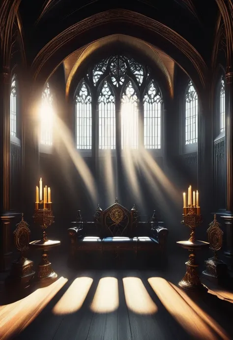 (Tyndall effect:1.8)，Sunlight shines through the glass，visible light，Holy Light，top light，Gothic throne，gothic style，mysterious ...