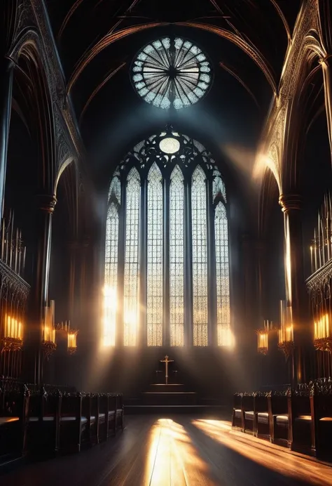 (Tyndall effect:1.8)，Sunlight shines through the glass，visible light，Holy Light，top light，Gothic throne，gothic style，mysterious ...