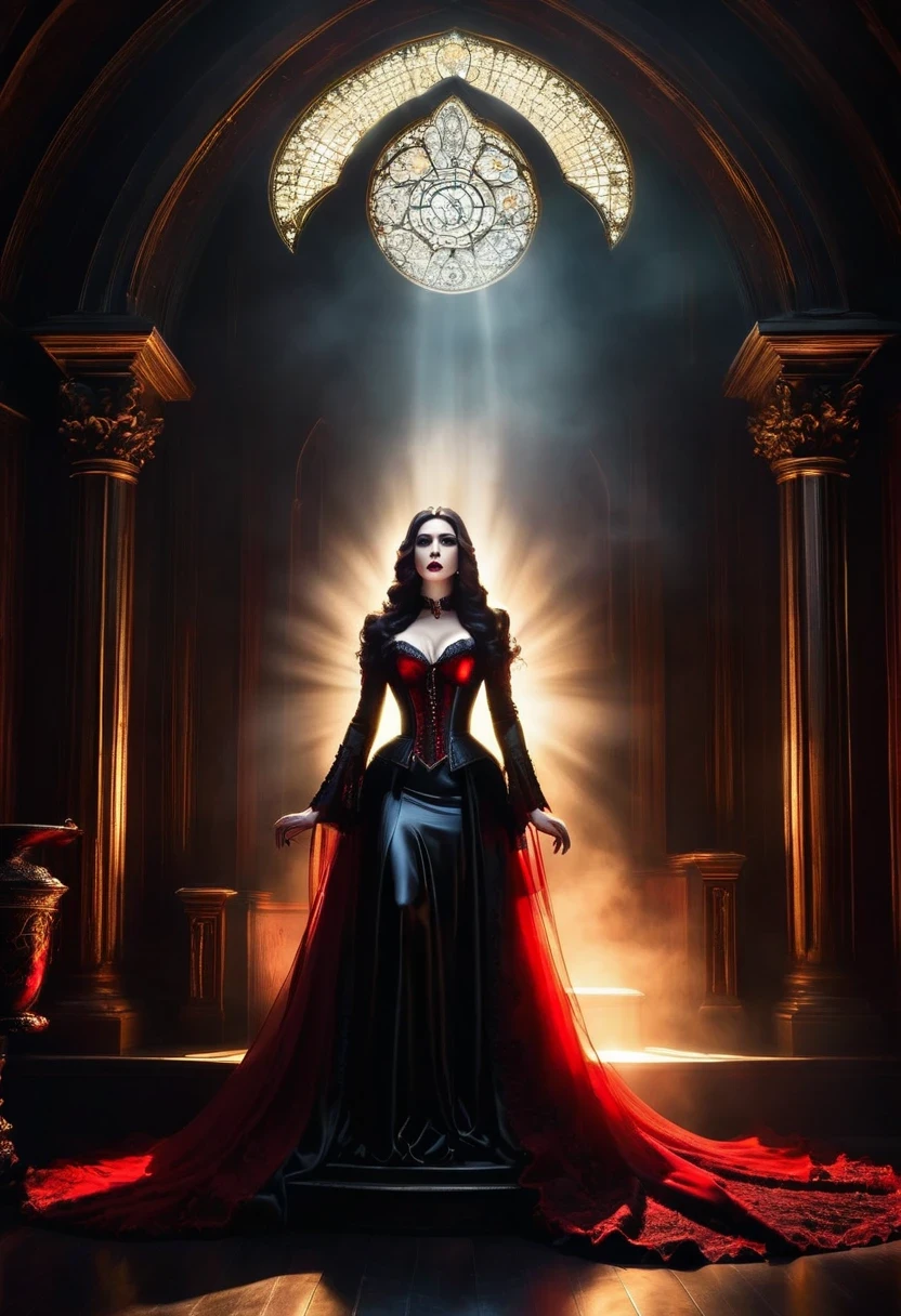 (Tyndall effect:1.8)，Vampire beauty，Sunlight shines through the glass，visible light，Holy Light，top light，vampire sitting on throne，gothic style，mysterious atmosphere，detailed details，smoke space