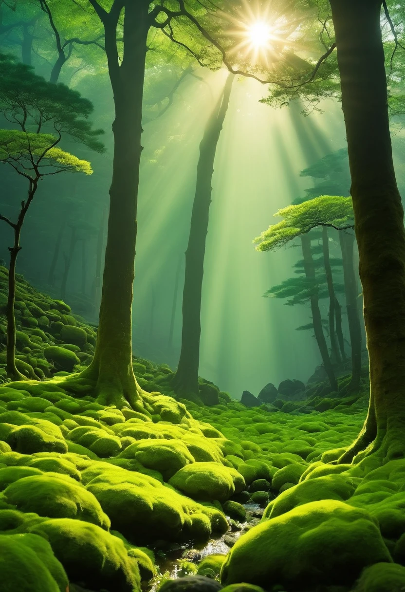 「返景入deep forest，Shining on the moss」From a five-character quatrain written by Wang Wei, a poet from the Tang Dynasty《Luchai》，It describes the sky approaching dusk，The afterglow of the setting sun penetrates the dense shadow of the dense forest，shining on the moss。deep forest，本來就dark，The moss under the trees in the forest grows in dark and moist places，Moss survives because thick trees block sunlight，And at this moment the sun sets over the west mountain，The sun becomes softer，Moss deep in the dense forest。The poem highlights a kind of tranquility、dark、ethereal atmosphere。Create an obviously strong Tyndall effect, light and space, forest ray, 