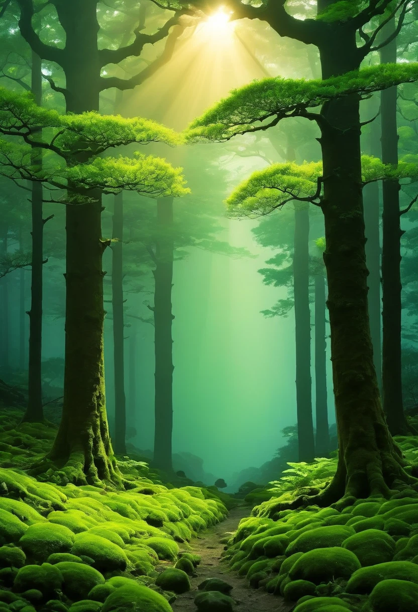 「返景入deep forest，Shining on the moss」From a five-character quatrain written by Wang Wei, a poet from the Tang Dynasty《Luchai》，It describes the sky approaching dusk，The afterglow of the setting sun penetrates the dense shadow of the dense forest，shining on the moss。deep forest，本來就dark，The moss under the trees in the forest grows in dark and moist places，Moss survives because thick trees block sunlight，And at this moment the sun sets over the west mountain，The sun becomes softer，Moss deep in the dense forest。The poem highlights a kind of tranquility、dark、ethereal atmosphere。Create an obviously strong Tyndall effect, light and space, forest ray, 