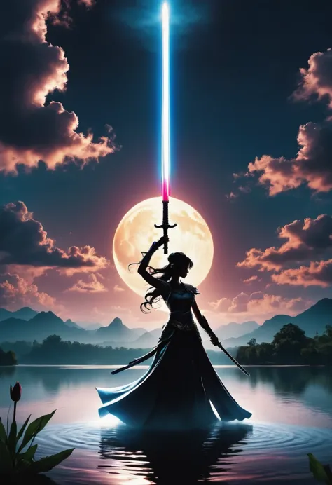 (Heroine dancing sword silhouette:1.5),glowing sword,(Combat stance，Strong dynamic stance:1.4),on the lake，high contrast, myster...