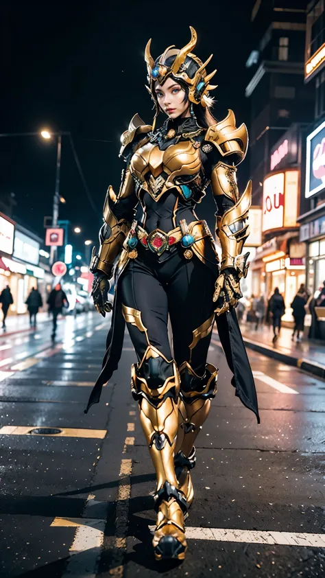 A woman adorned in fantasy-style full-body armor, a crown-concept fully enclosed helmet that unveils only her eyes, a composite ...