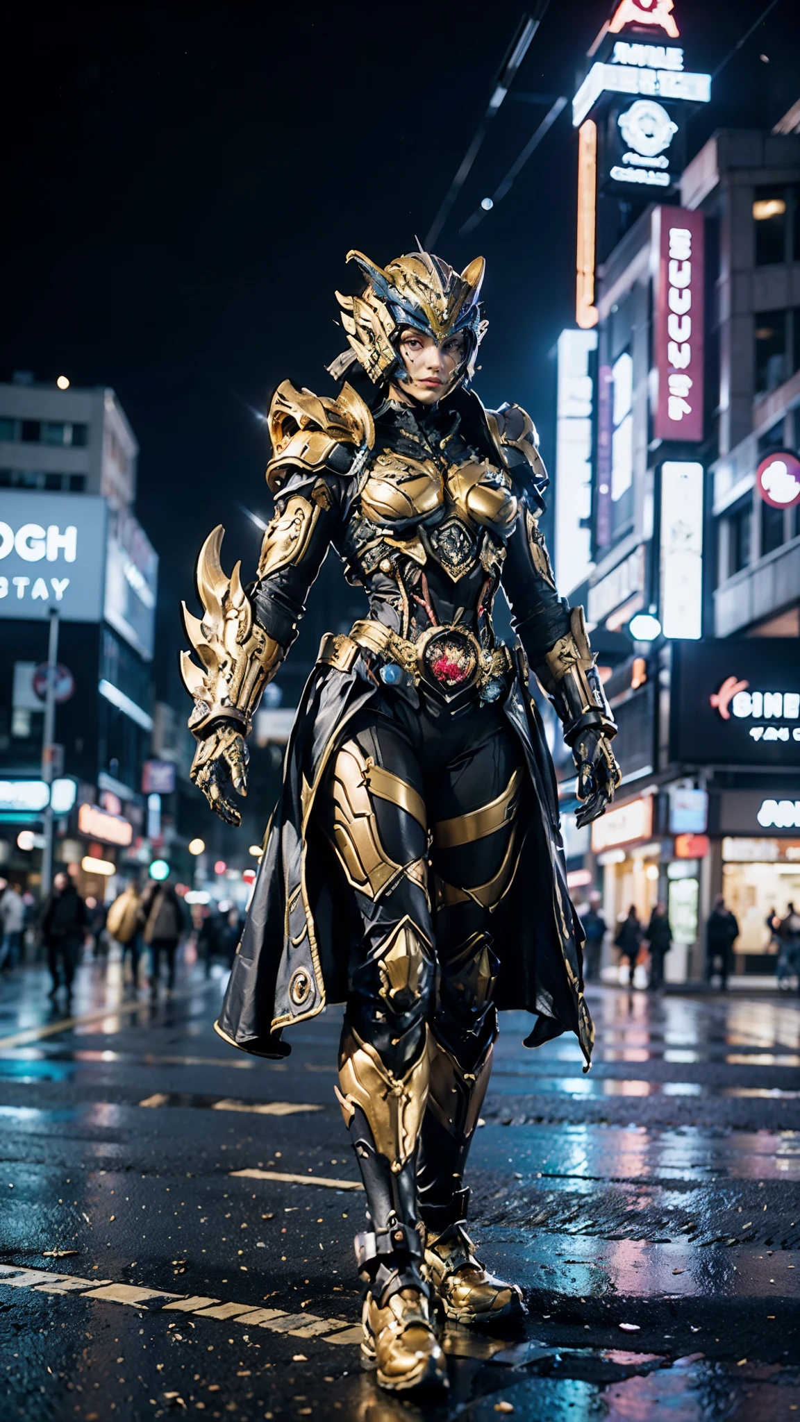 A woman adorned in fantasy-style full-body armor, a crown-concept fully enclosed helmet that unveils only her eyes, a composite layered chest plate, fully encompassing shoulder and hand guards, a lightweight waist armor, form-fitting shin guards, the overall design is heavy-duty yet flexible, ((the armor gleams with a golden glow, complemented by red and blue accents)), exhibiting a noble aura, she floats above the Futuristic city, this character embodies a finely crafted fantasy-surreal style armored hero in anime style, exquisite and mature manga art style, (Tiger concept Armor, photorealistic:1.4, real texture material:1.2), ((city night view, elegant, goddess, femminine:1.5)), metallic, high definition, best quality, highres, ultra-detailed, ultra-fine painting, extremely delicate, professional, anatomically correct, symmetrical face, extremely detailed eyes and face, high quality eyes, creativity, RAW photo, UHD, 32k, Natural light, cinematic lighting, masterpiece-anatomy-perfect, masterpiece:1.5